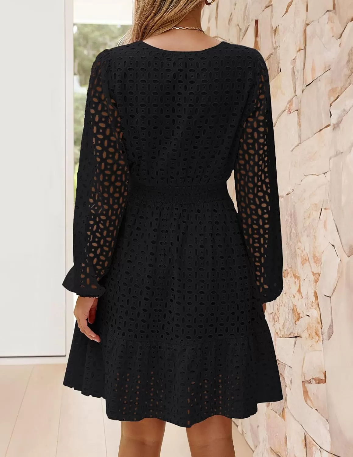 imageZESICA Womens 2024 Long Sleeve Mini Dress Fall V Neck Hollow Out Eyelet Embroidery Ruffle A Line Swing Short DressesBlack