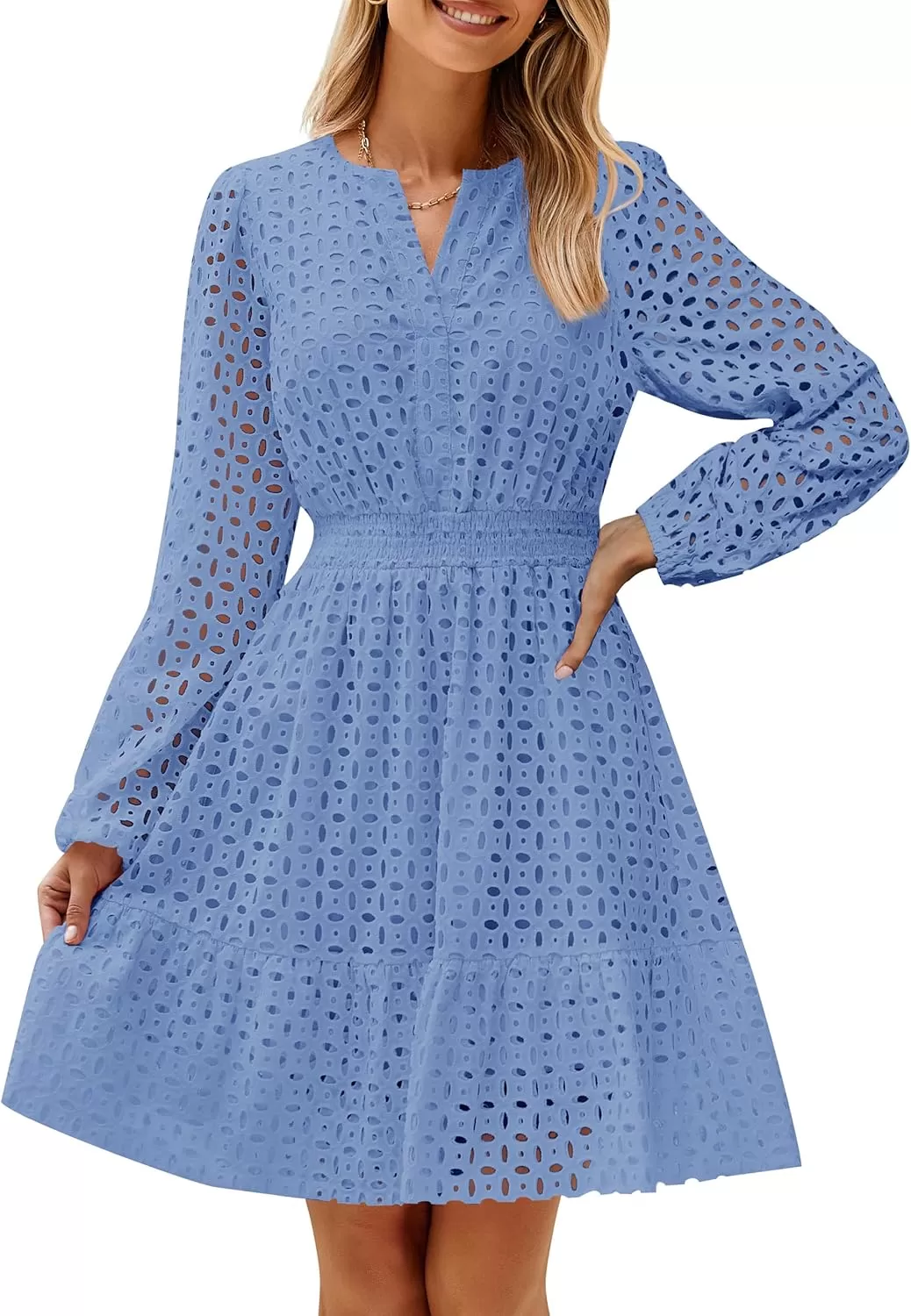 imageZESICA Womens 2024 Long Sleeve Mini Dress Fall V Neck Hollow Out Eyelet Embroidery Ruffle A Line Swing Short DressesBlue