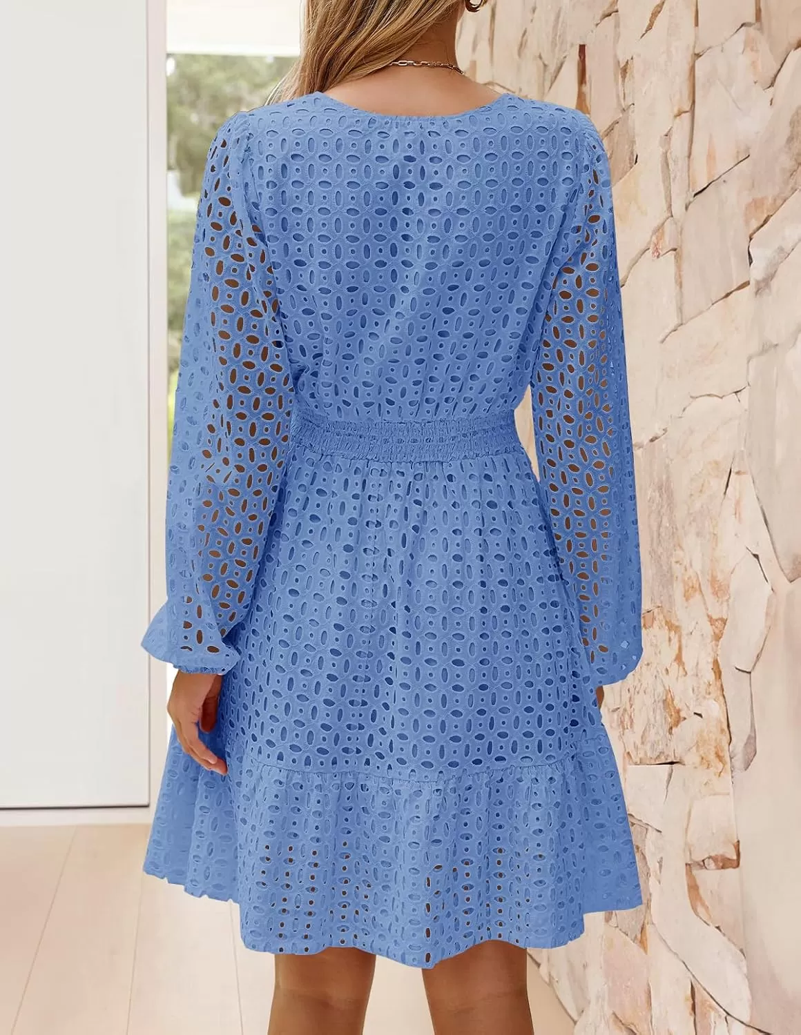 imageZESICA Womens 2024 Long Sleeve Mini Dress Fall V Neck Hollow Out Eyelet Embroidery Ruffle A Line Swing Short DressesBlue