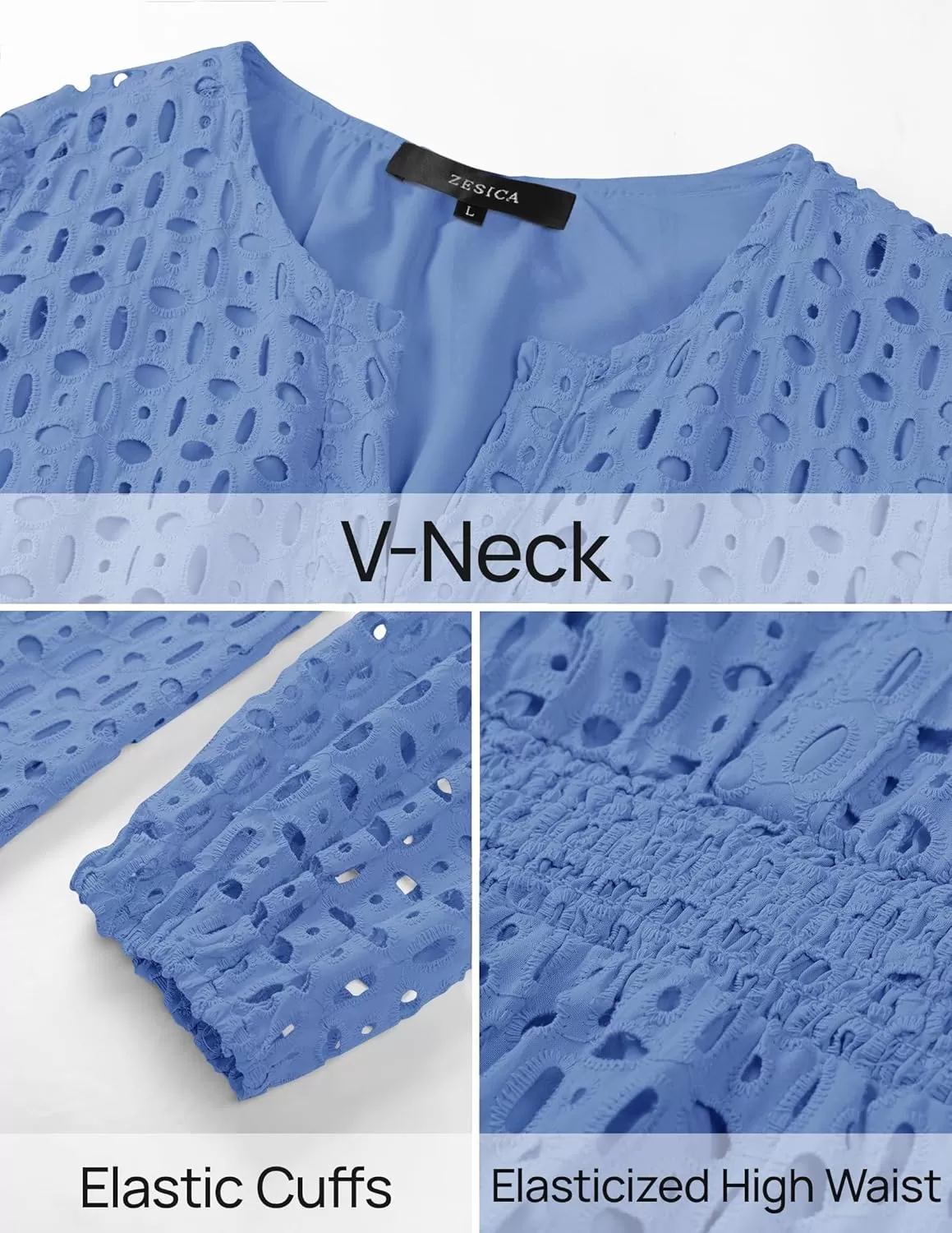 imageZESICA Womens 2024 Long Sleeve Mini Dress Fall V Neck Hollow Out Eyelet Embroidery Ruffle A Line Swing Short DressesBlue