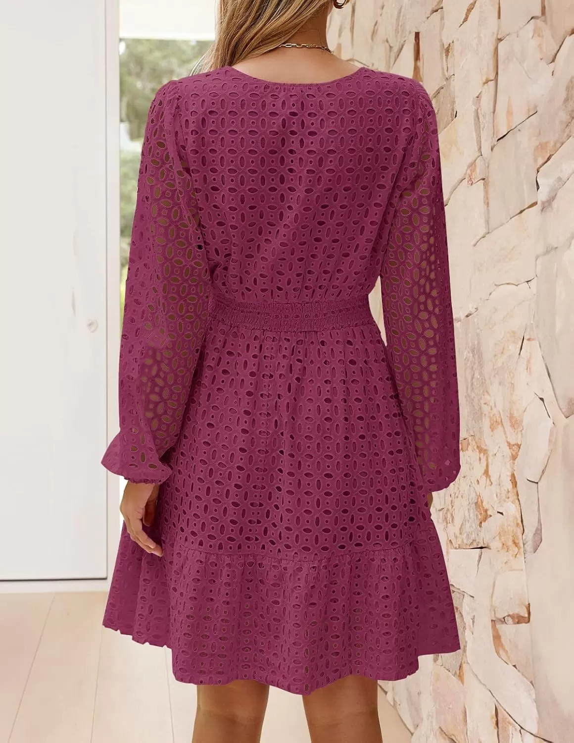 imageZESICA Womens 2024 Long Sleeve Mini Dress Fall V Neck Hollow Out Eyelet Embroidery Ruffle A Line Swing Short DressesFuchsia