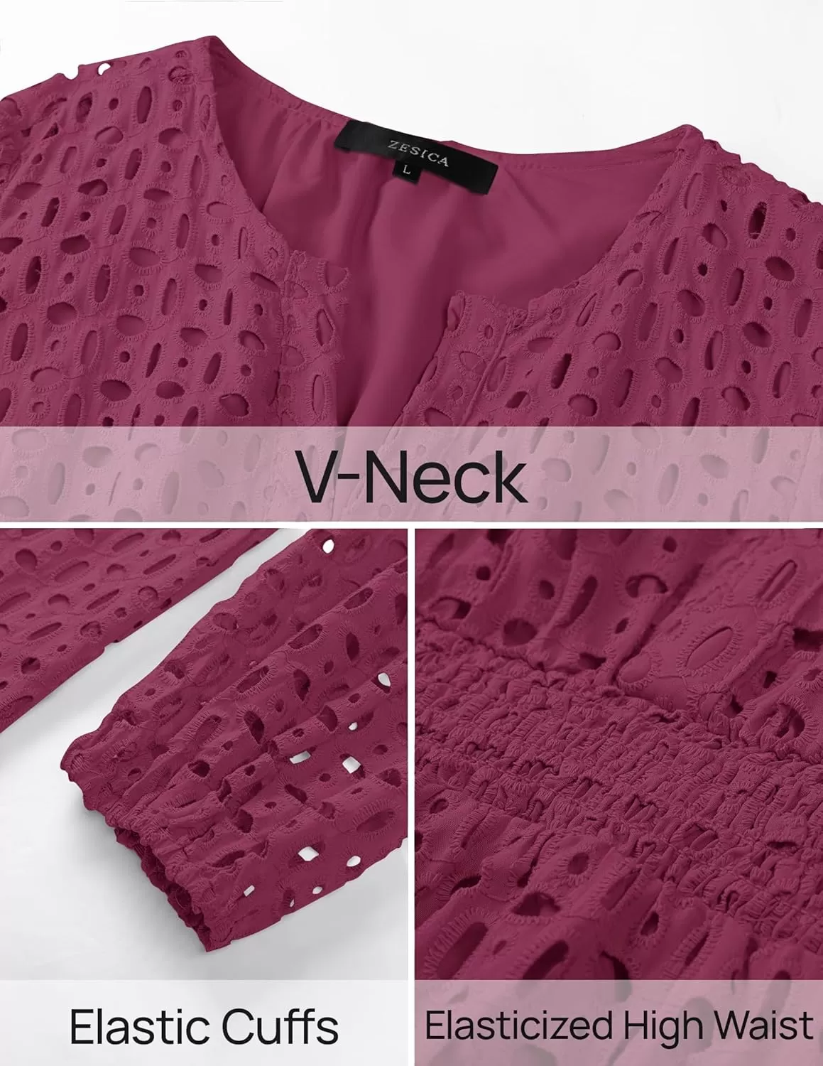 imageZESICA Womens 2024 Long Sleeve Mini Dress Fall V Neck Hollow Out Eyelet Embroidery Ruffle A Line Swing Short DressesFuchsia