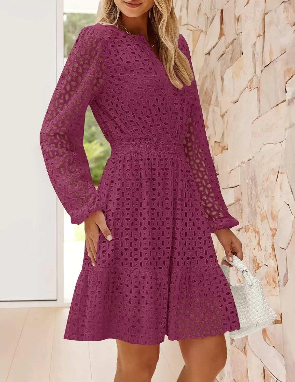 imageZESICA Womens 2024 Long Sleeve Mini Dress Fall V Neck Hollow Out Eyelet Embroidery Ruffle A Line Swing Short DressesFuchsia
