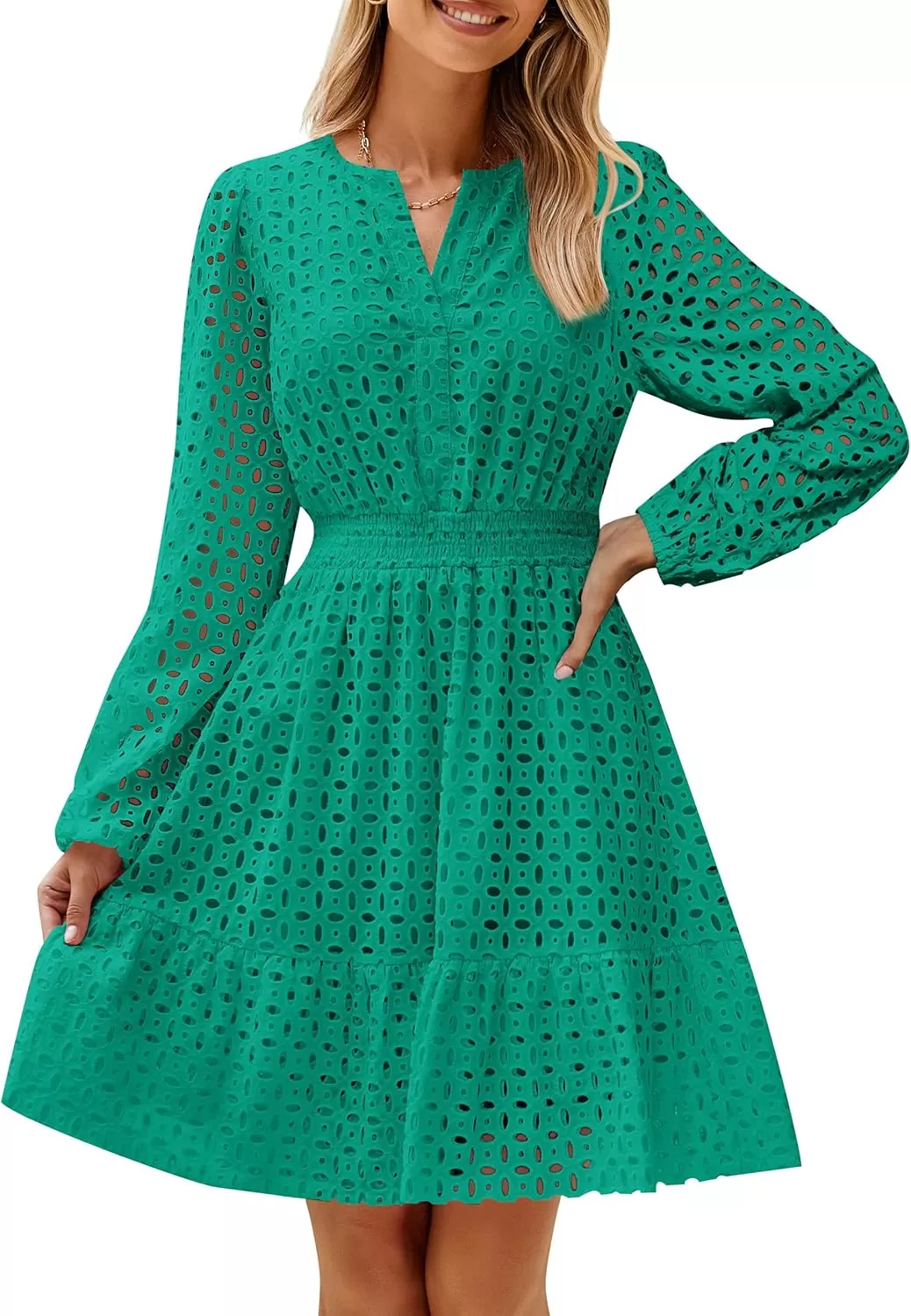 imageZESICA Womens 2024 Long Sleeve Mini Dress Fall V Neck Hollow Out Eyelet Embroidery Ruffle A Line Swing Short DressesGreen