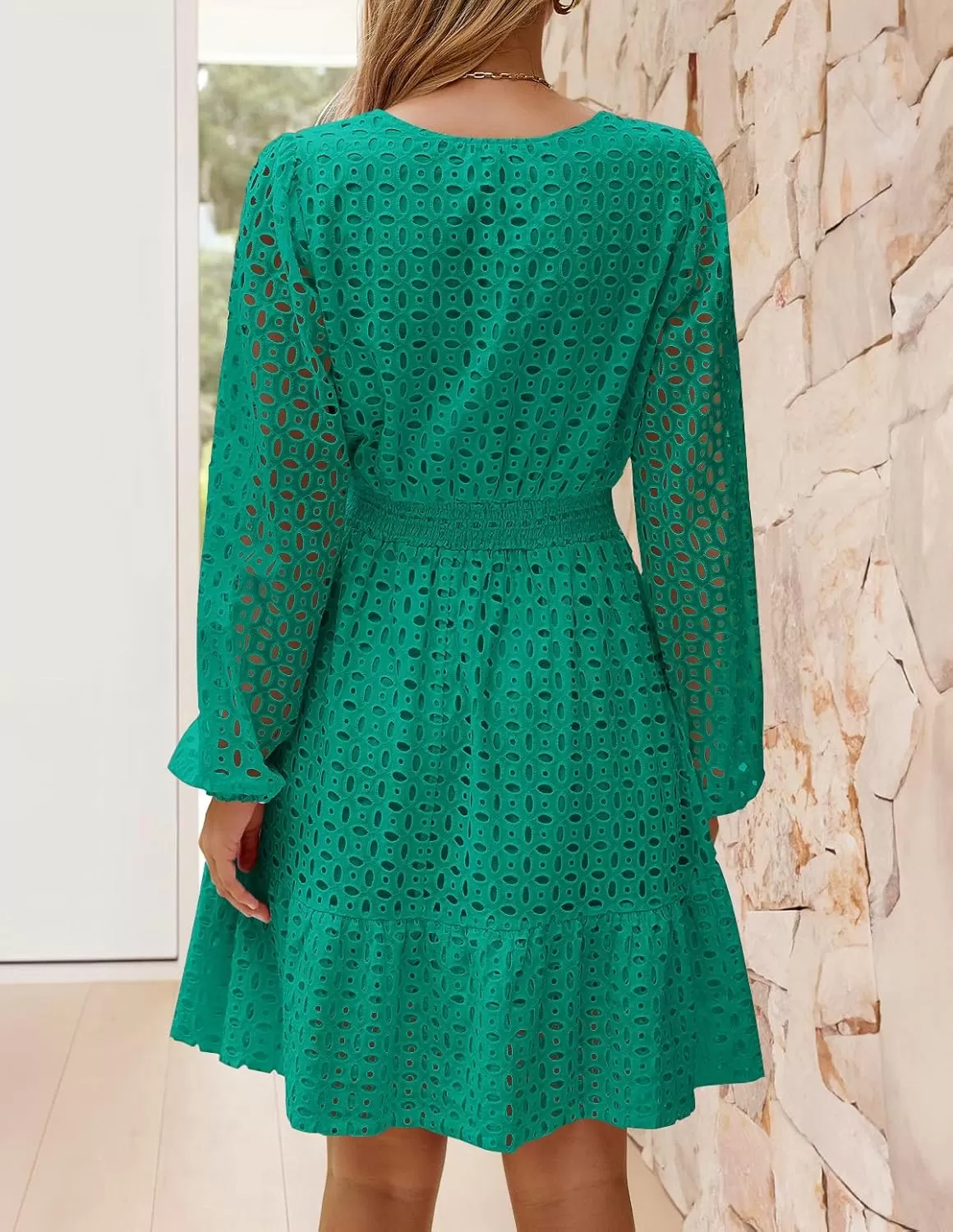 imageZESICA Womens 2024 Long Sleeve Mini Dress Fall V Neck Hollow Out Eyelet Embroidery Ruffle A Line Swing Short DressesGreen