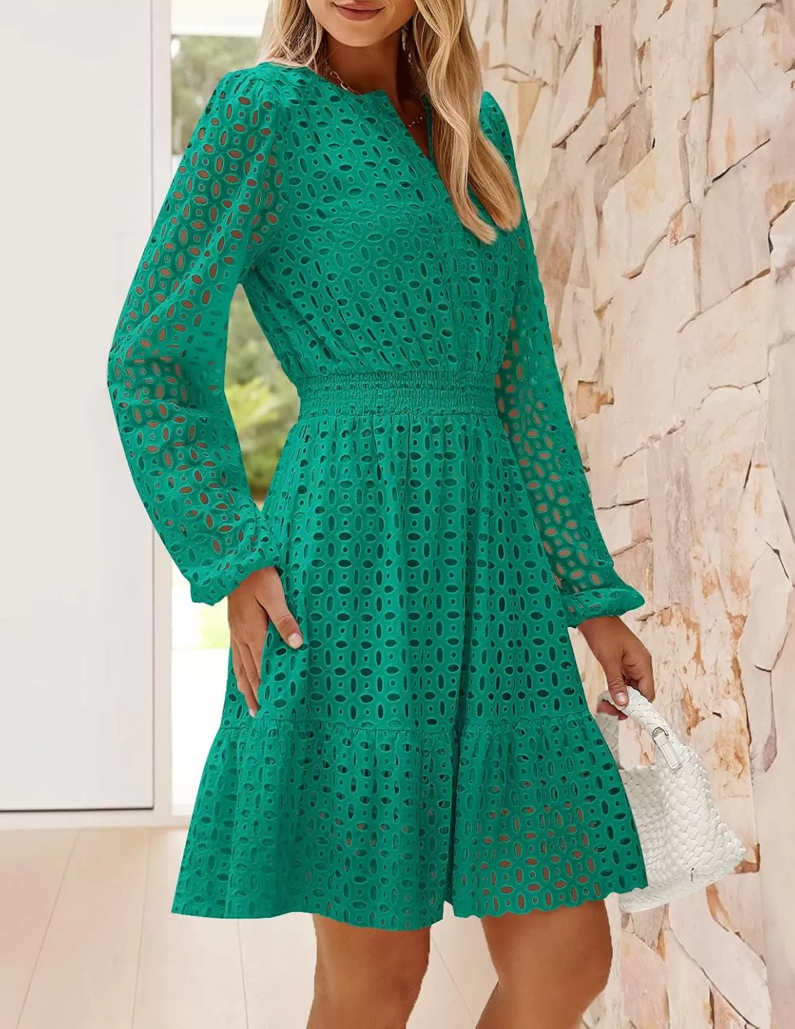 imageZESICA Womens 2024 Long Sleeve Mini Dress Fall V Neck Hollow Out Eyelet Embroidery Ruffle A Line Swing Short DressesGreen