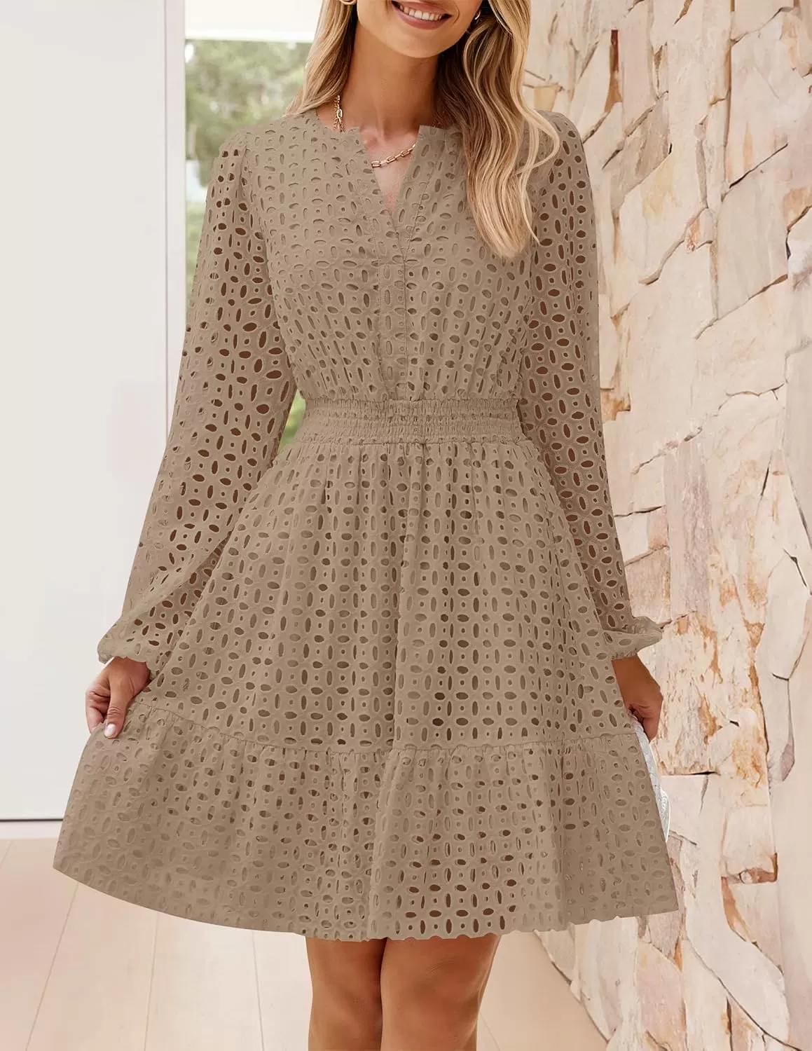 imageZESICA Womens 2024 Long Sleeve Mini Dress Fall V Neck Hollow Out Eyelet Embroidery Ruffle A Line Swing Short DressesKhaki