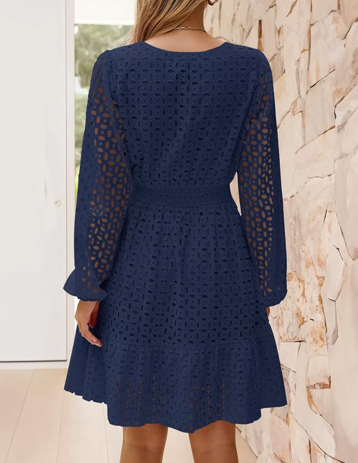 imageZESICA Womens 2024 Long Sleeve Mini Dress Fall V Neck Hollow Out Eyelet Embroidery Ruffle A Line Swing Short DressesNavy