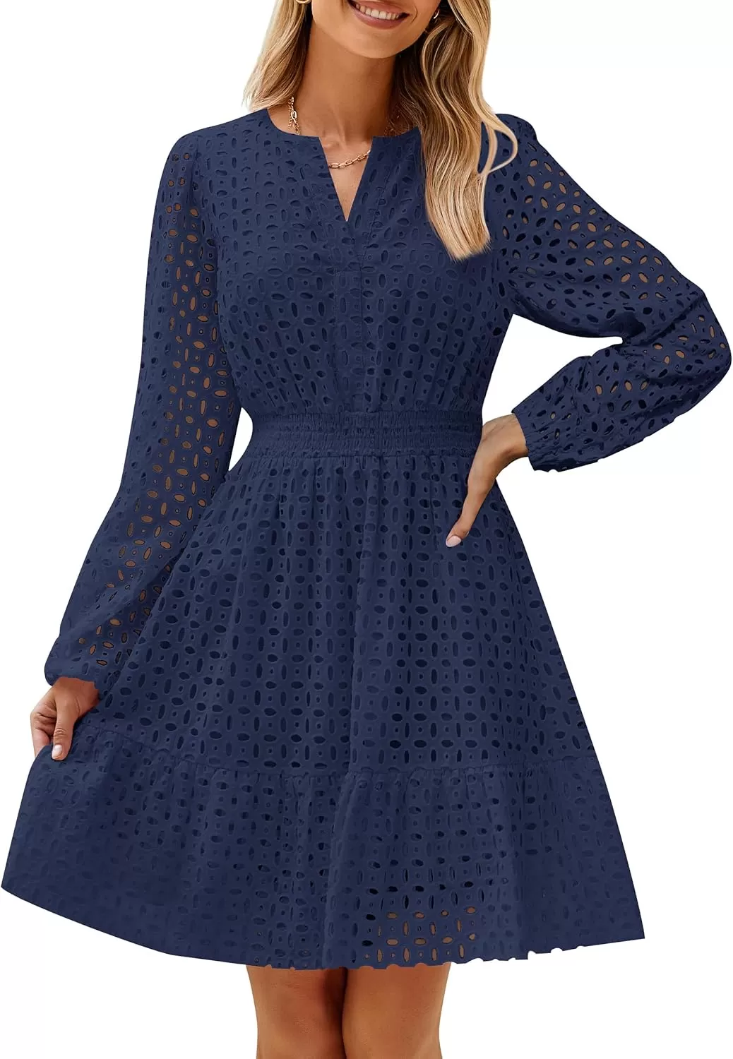 imageZESICA Womens 2024 Long Sleeve Mini Dress Fall V Neck Hollow Out Eyelet Embroidery Ruffle A Line Swing Short DressesNavy