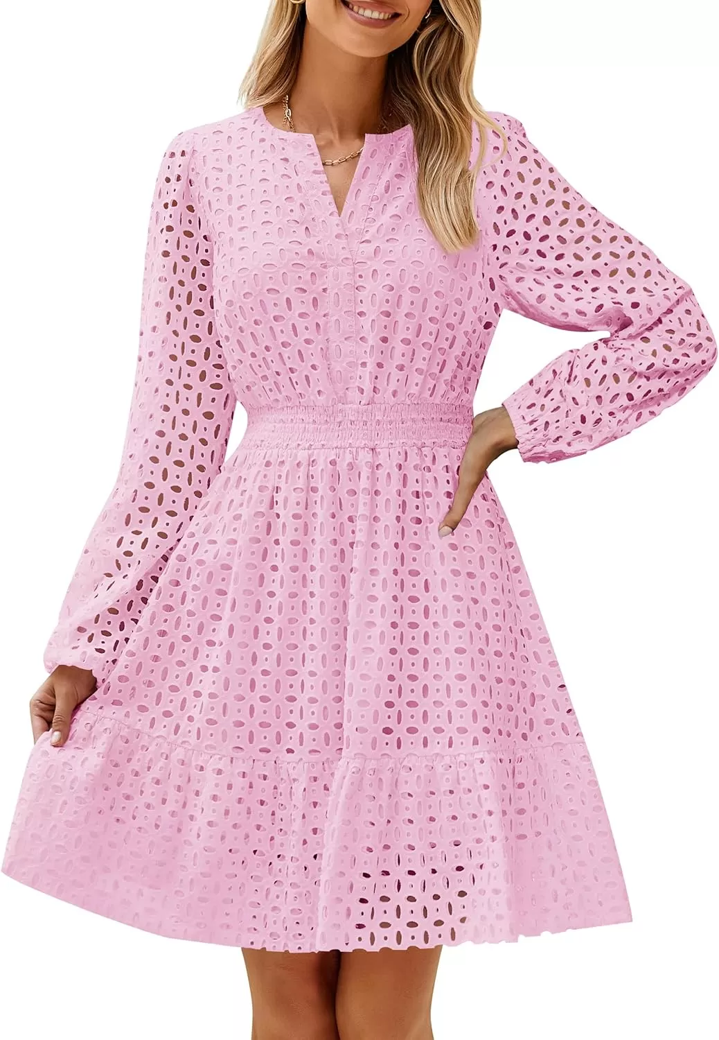 imageZESICA Womens 2024 Long Sleeve Mini Dress Fall V Neck Hollow Out Eyelet Embroidery Ruffle A Line Swing Short DressesPink