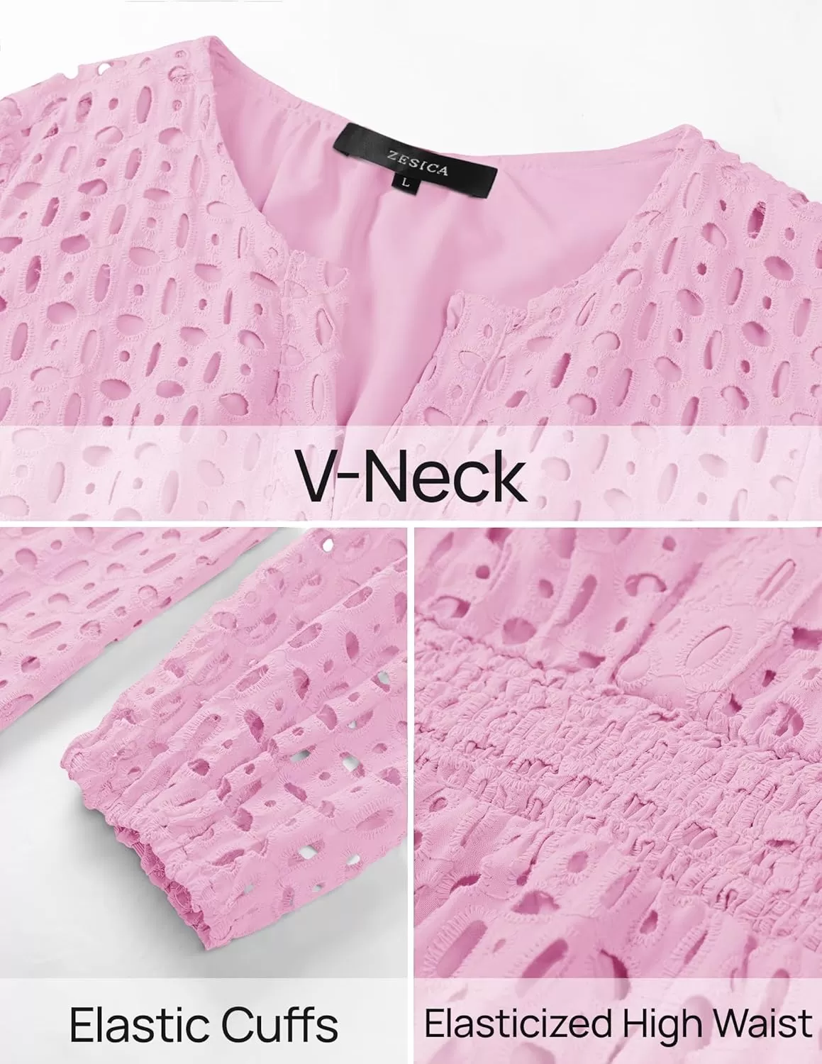 imageZESICA Womens 2024 Long Sleeve Mini Dress Fall V Neck Hollow Out Eyelet Embroidery Ruffle A Line Swing Short DressesPink
