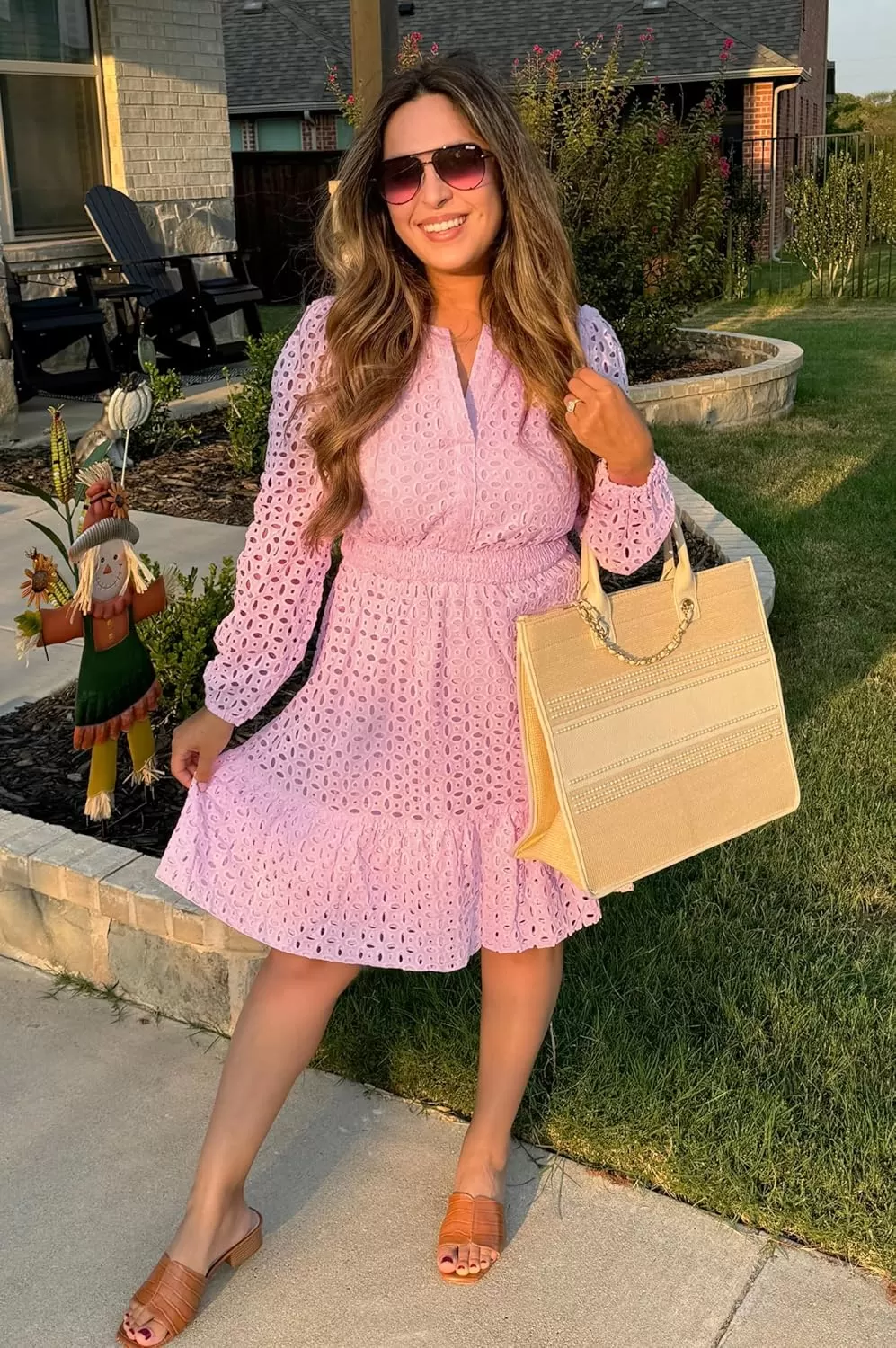 imageZESICA Womens 2024 Long Sleeve Mini Dress Fall V Neck Hollow Out Eyelet Embroidery Ruffle A Line Swing Short DressesPink