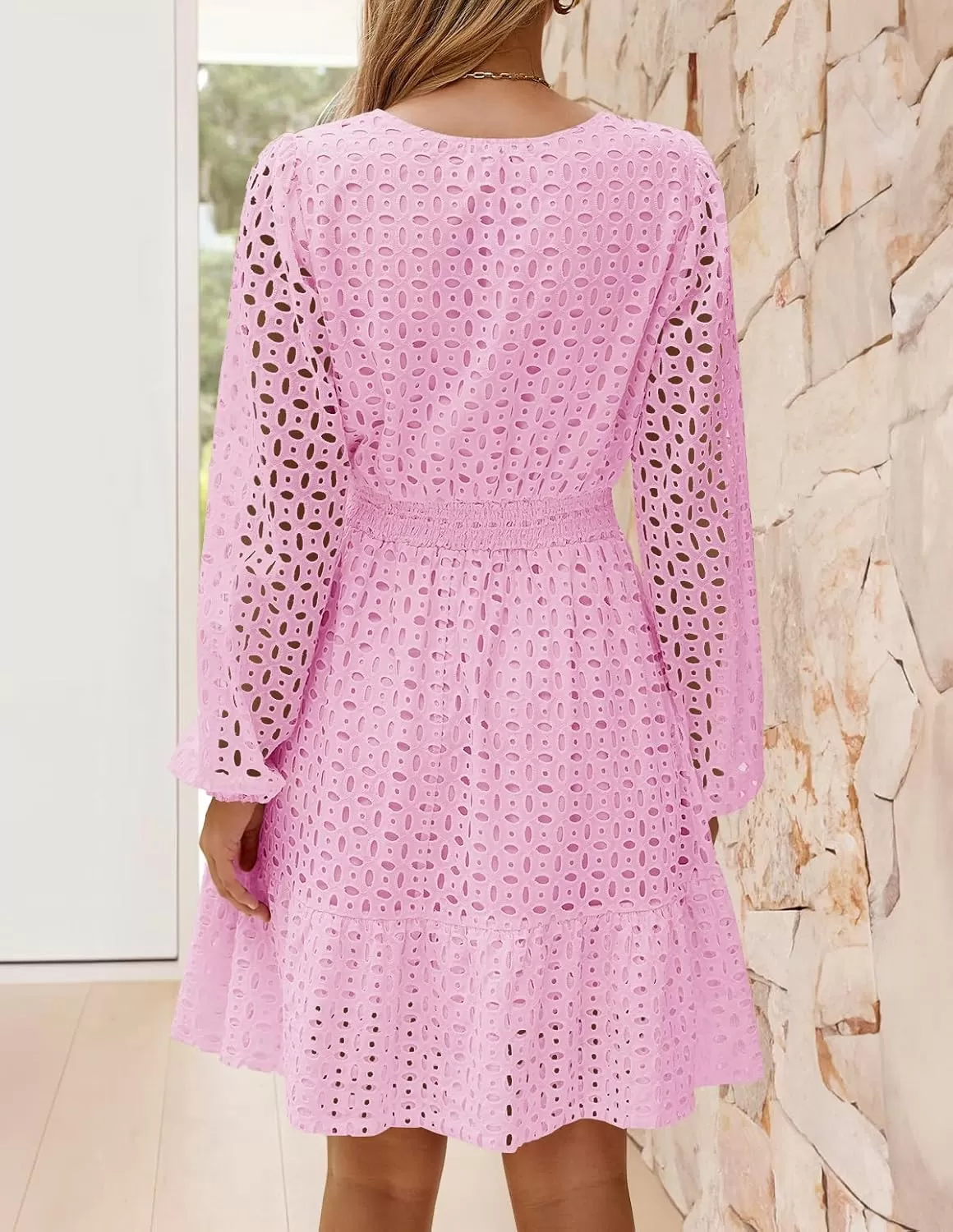 imageZESICA Womens 2024 Long Sleeve Mini Dress Fall V Neck Hollow Out Eyelet Embroidery Ruffle A Line Swing Short DressesPink