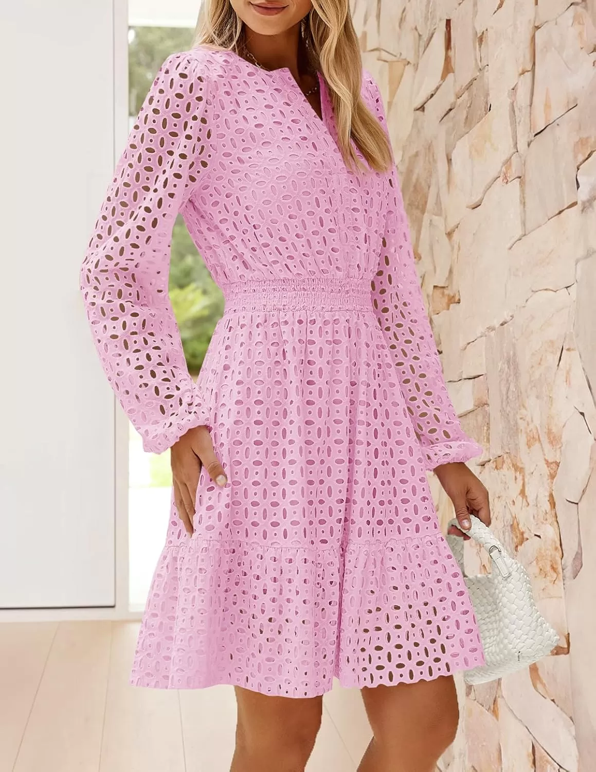 imageZESICA Womens 2024 Long Sleeve Mini Dress Fall V Neck Hollow Out Eyelet Embroidery Ruffle A Line Swing Short DressesPink
