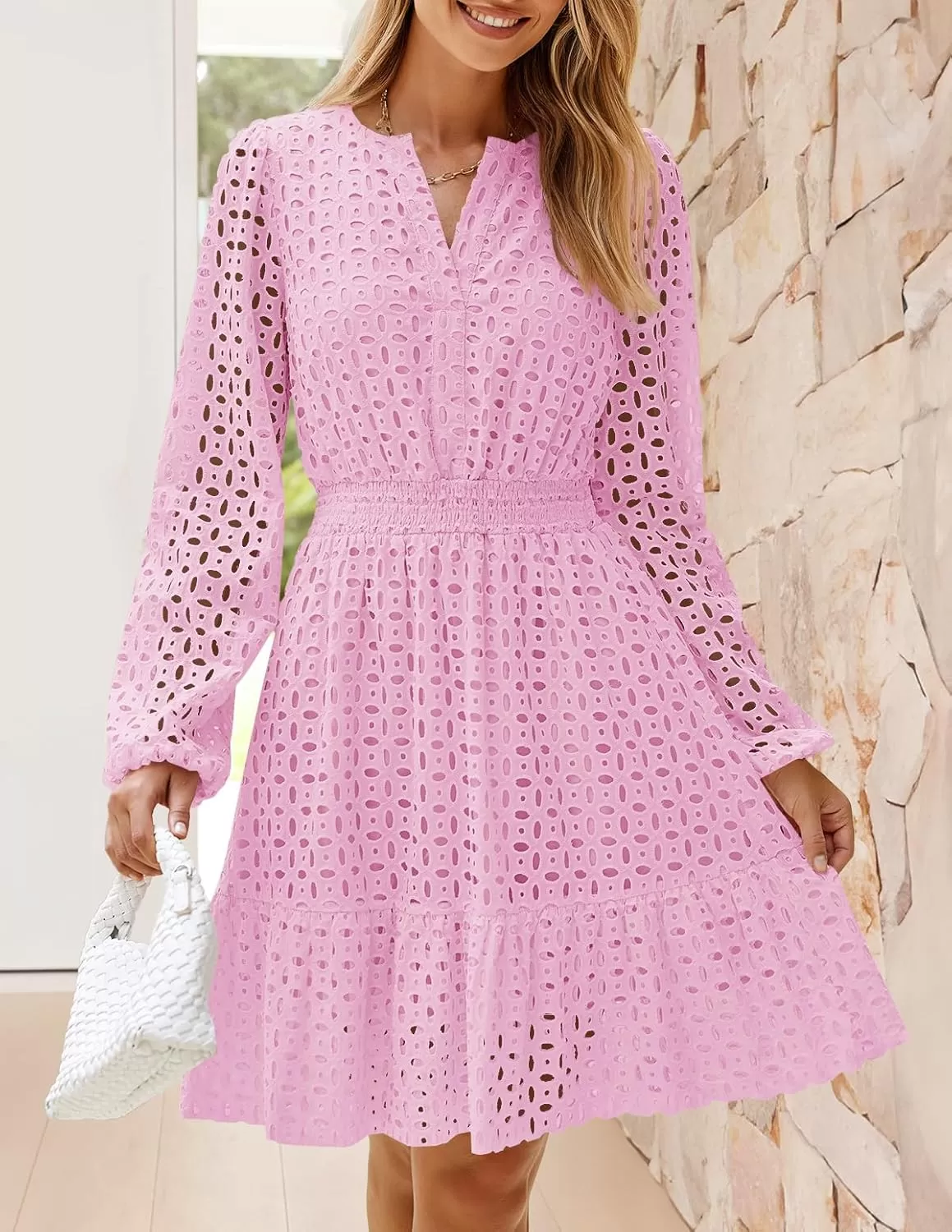 imageZESICA Womens 2024 Long Sleeve Mini Dress Fall V Neck Hollow Out Eyelet Embroidery Ruffle A Line Swing Short DressesPink