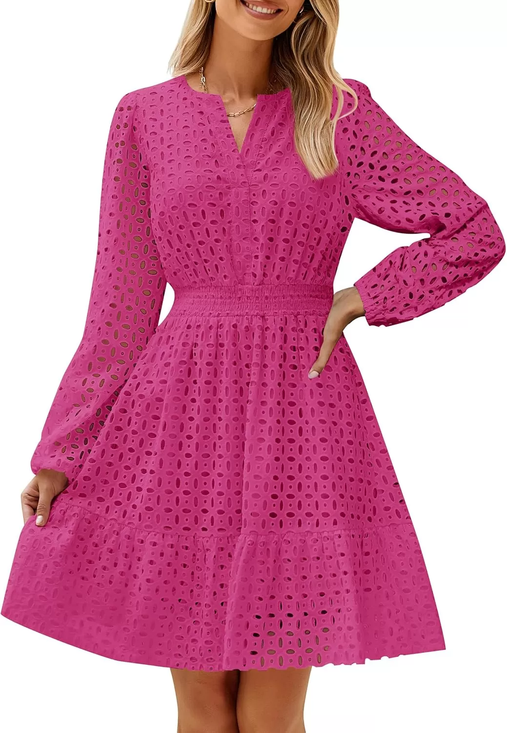 imageZESICA Womens 2024 Long Sleeve Mini Dress Fall V Neck Hollow Out Eyelet Embroidery Ruffle A Line Swing Short DressesRose