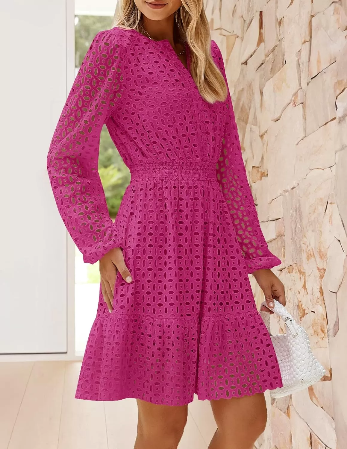 imageZESICA Womens 2024 Long Sleeve Mini Dress Fall V Neck Hollow Out Eyelet Embroidery Ruffle A Line Swing Short DressesRose