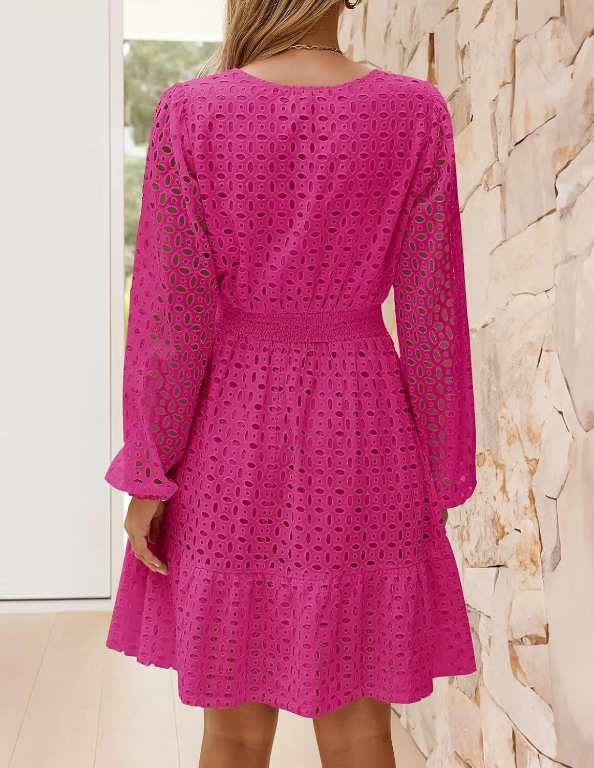 imageZESICA Womens 2024 Long Sleeve Mini Dress Fall V Neck Hollow Out Eyelet Embroidery Ruffle A Line Swing Short DressesRose