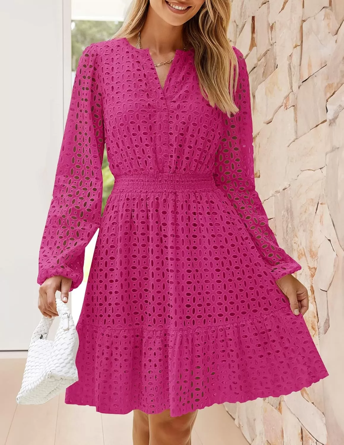 imageZESICA Womens 2024 Long Sleeve Mini Dress Fall V Neck Hollow Out Eyelet Embroidery Ruffle A Line Swing Short DressesRose
