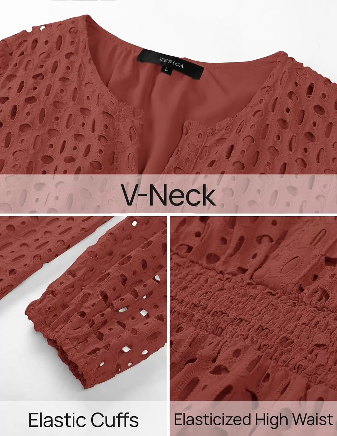 imageZESICA Womens 2024 Long Sleeve Mini Dress Fall V Neck Hollow Out Eyelet Embroidery Ruffle A Line Swing Short DressesRust