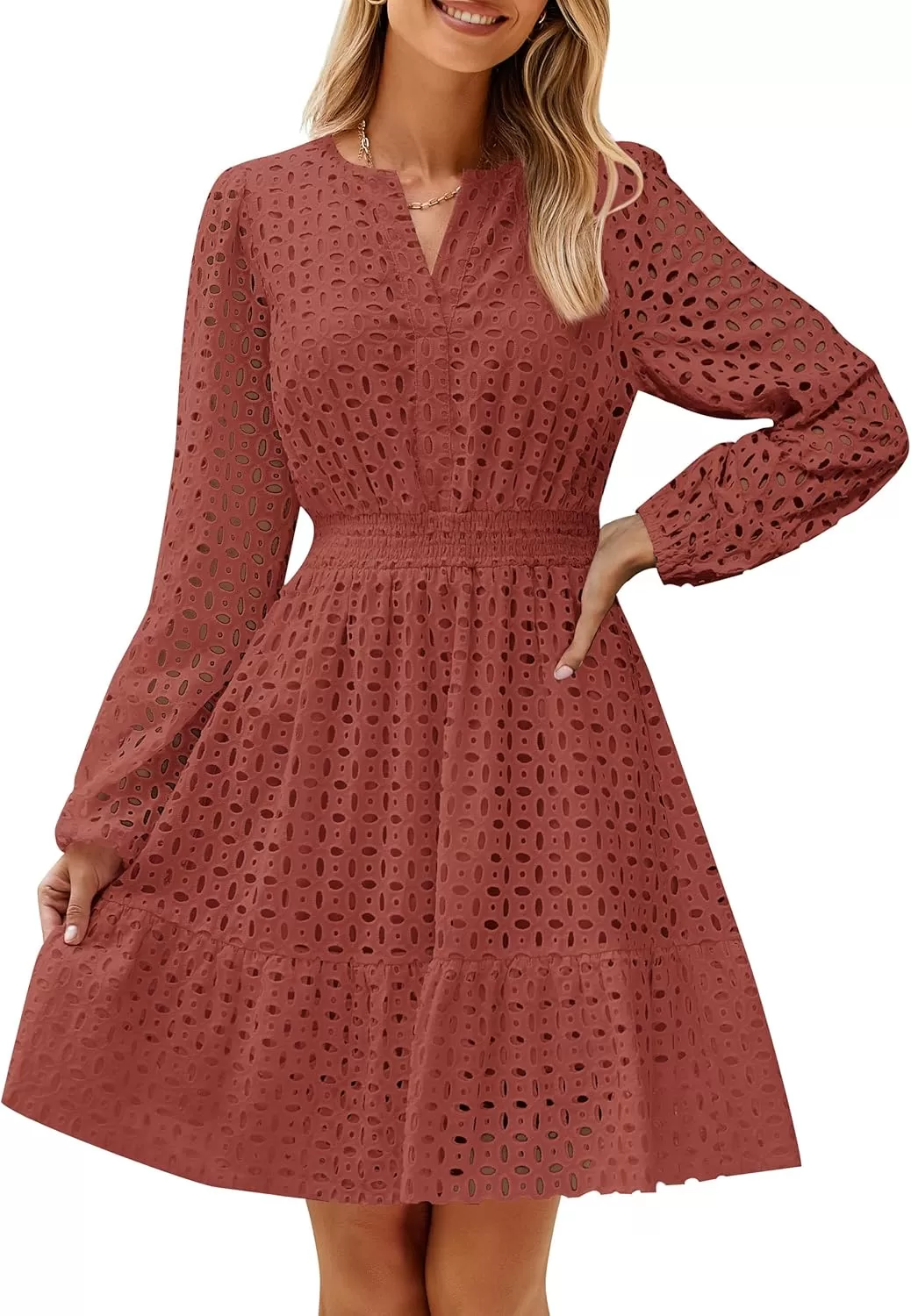 imageZESICA Womens 2024 Long Sleeve Mini Dress Fall V Neck Hollow Out Eyelet Embroidery Ruffle A Line Swing Short DressesRust