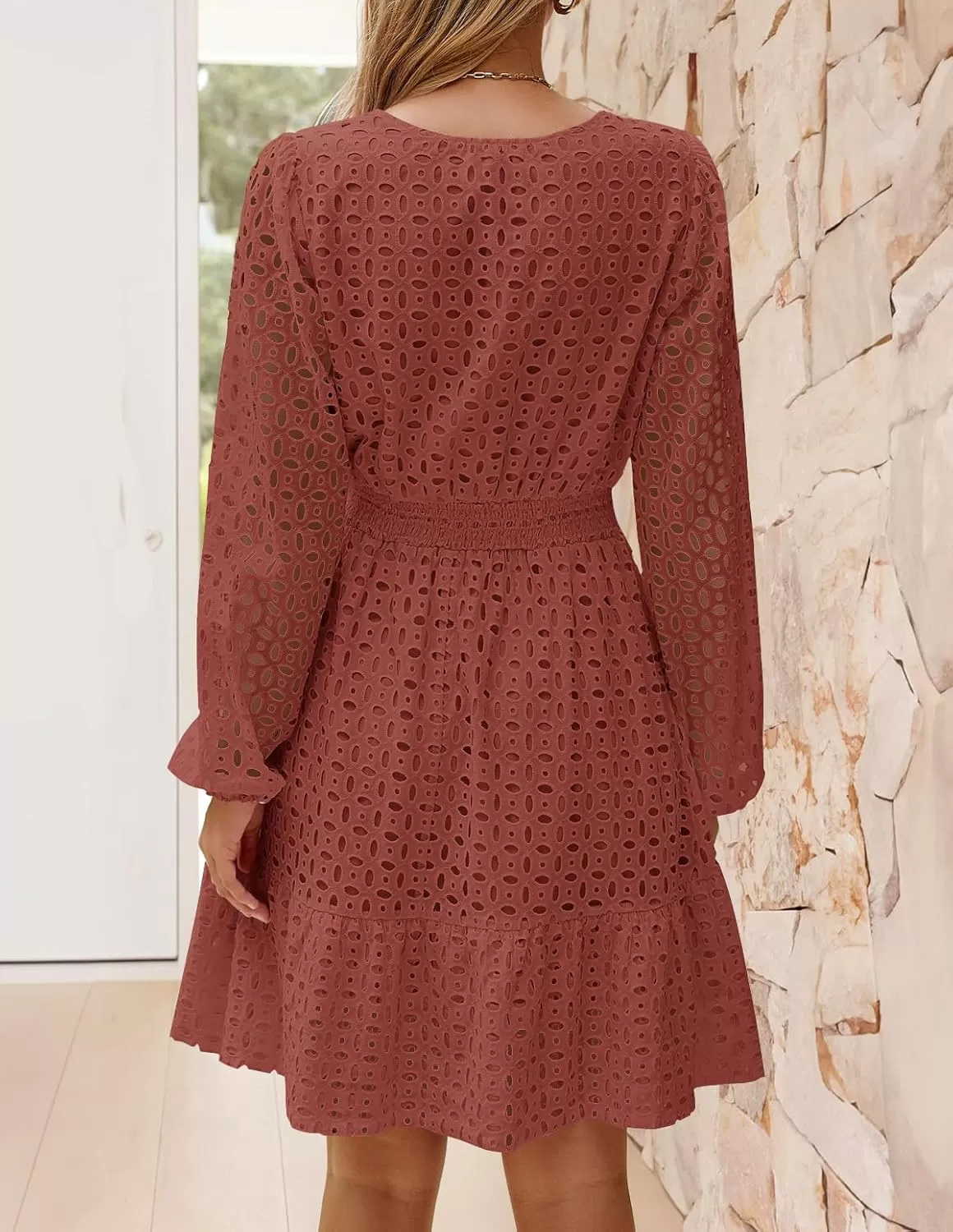 imageZESICA Womens 2024 Long Sleeve Mini Dress Fall V Neck Hollow Out Eyelet Embroidery Ruffle A Line Swing Short DressesRust