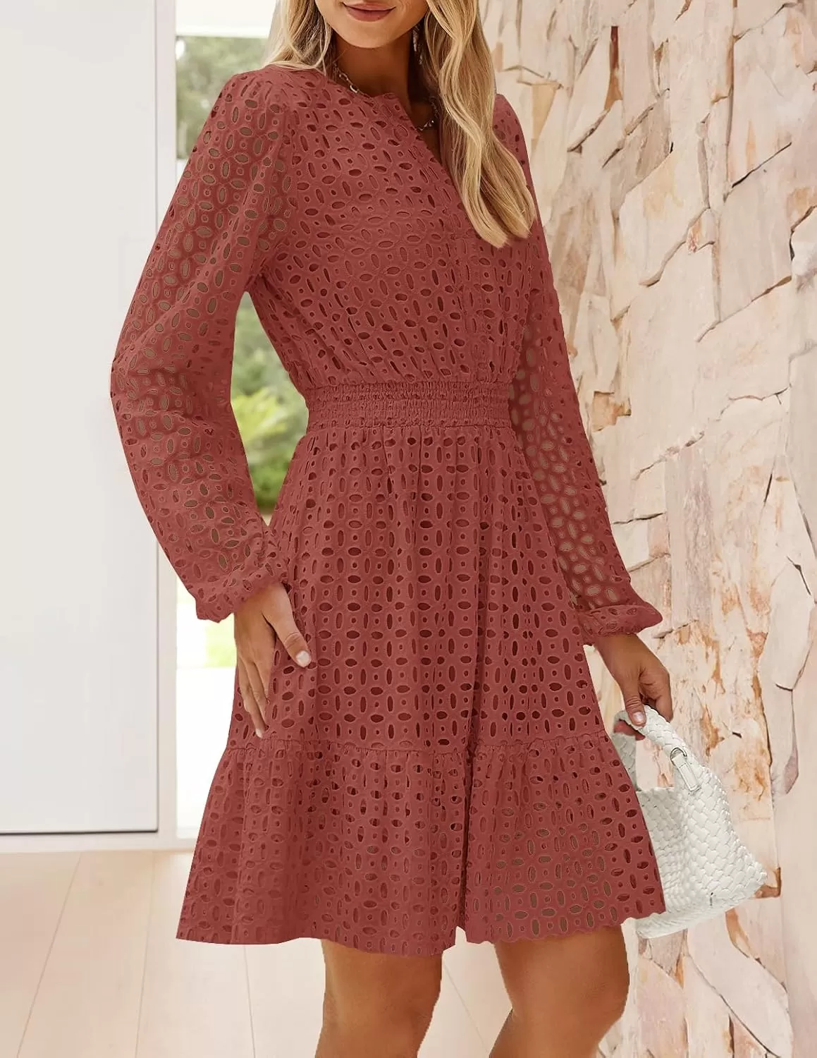 imageZESICA Womens 2024 Long Sleeve Mini Dress Fall V Neck Hollow Out Eyelet Embroidery Ruffle A Line Swing Short DressesRust