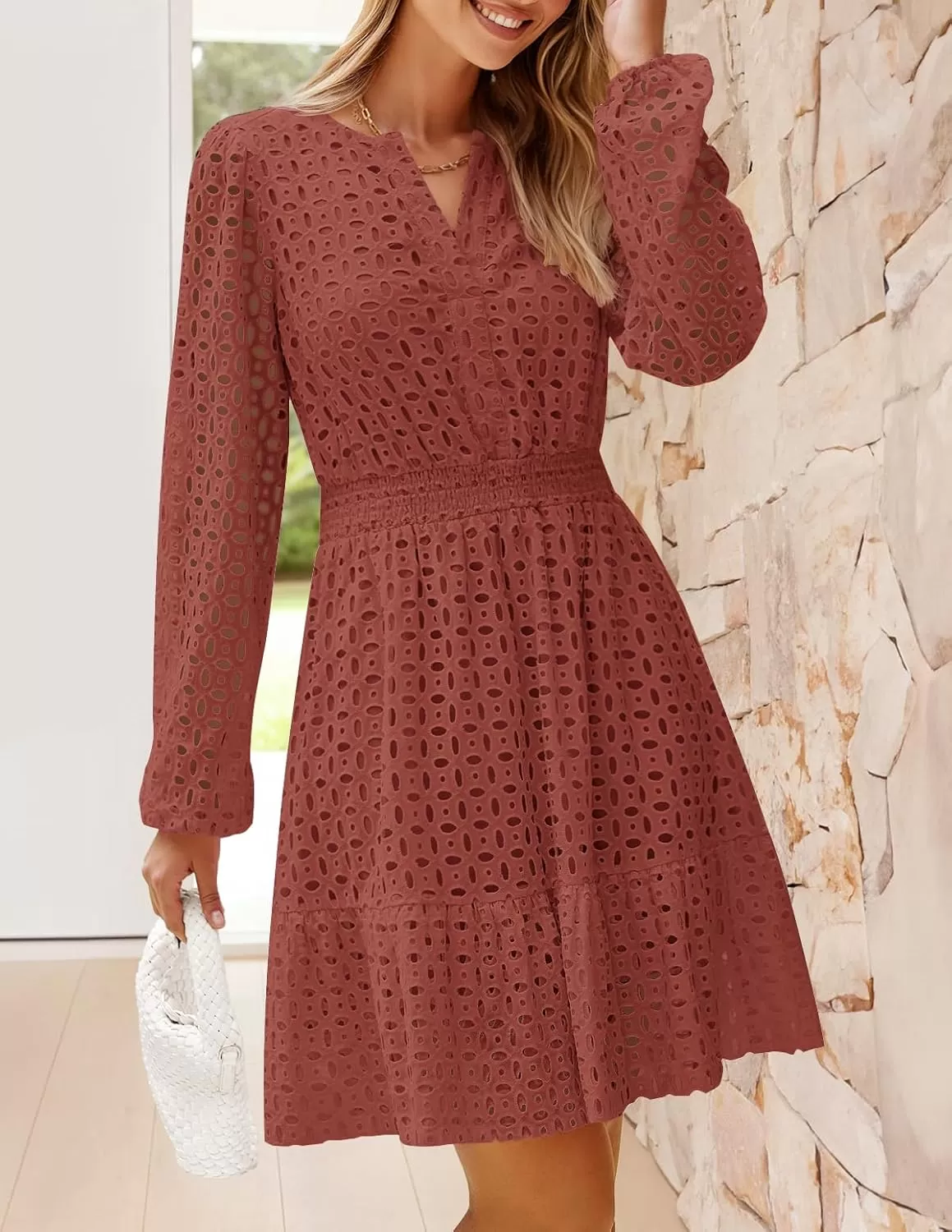 imageZESICA Womens 2024 Long Sleeve Mini Dress Fall V Neck Hollow Out Eyelet Embroidery Ruffle A Line Swing Short DressesRust