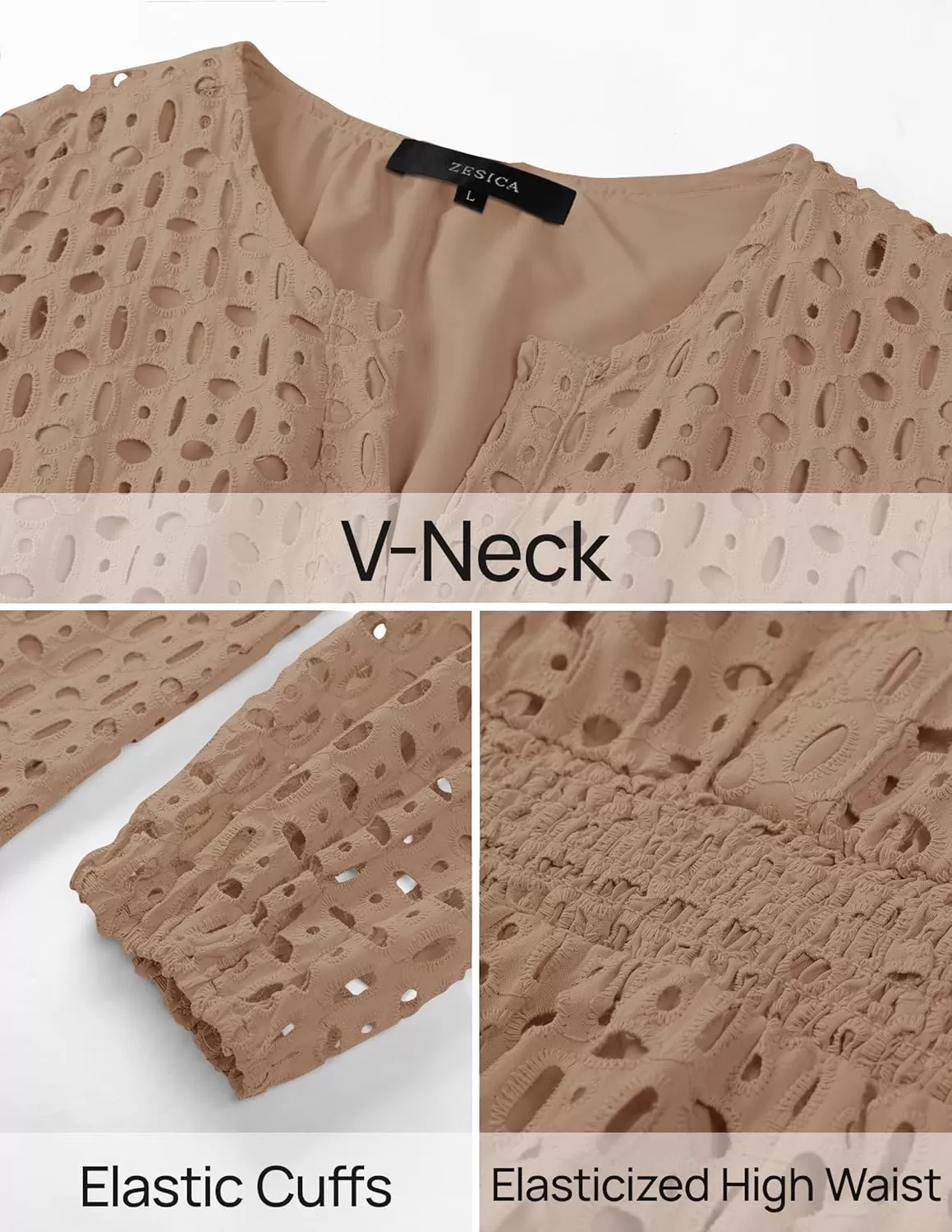 imageZESICA Womens 2024 Long Sleeve Mini Dress Fall V Neck Hollow Out Eyelet Embroidery Ruffle A Line Swing Short DressesTan