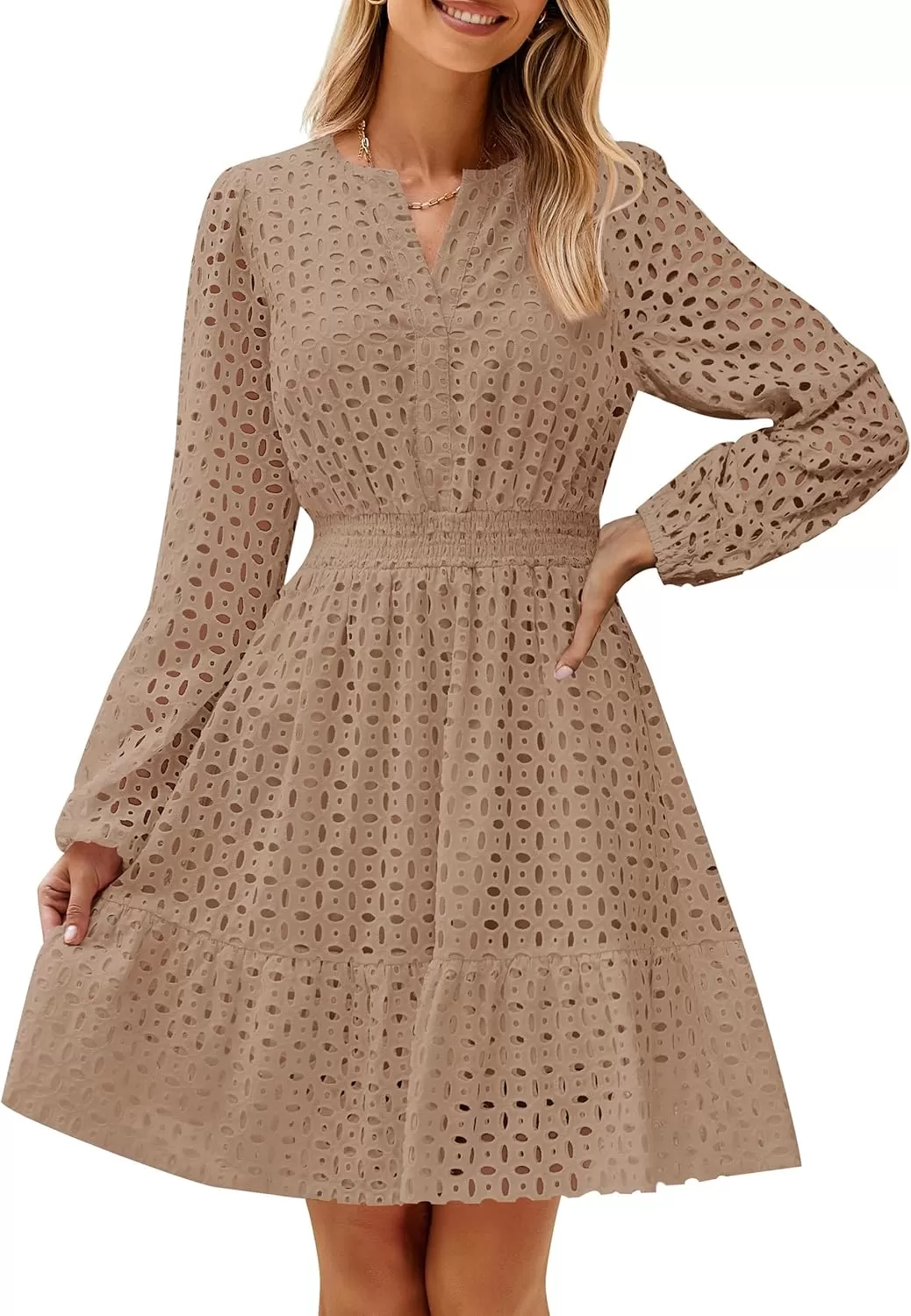 imageZESICA Womens 2024 Long Sleeve Mini Dress Fall V Neck Hollow Out Eyelet Embroidery Ruffle A Line Swing Short DressesTan