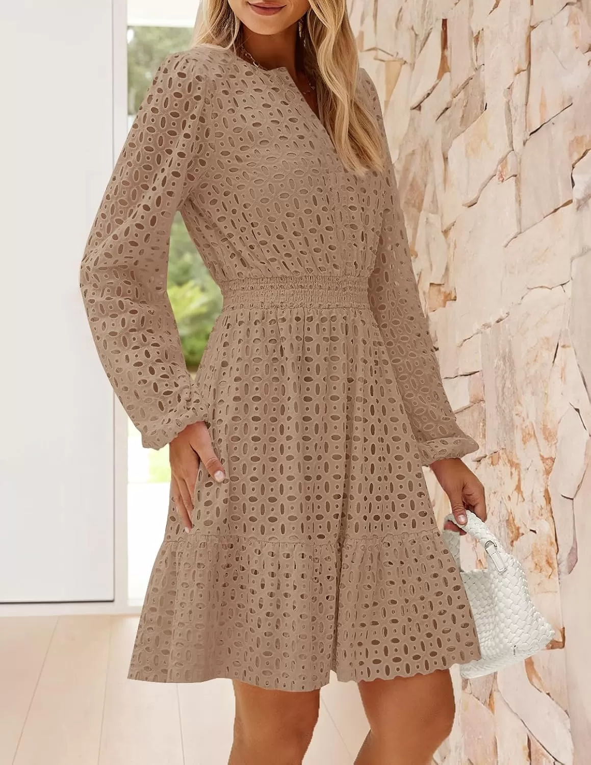 imageZESICA Womens 2024 Long Sleeve Mini Dress Fall V Neck Hollow Out Eyelet Embroidery Ruffle A Line Swing Short DressesTan