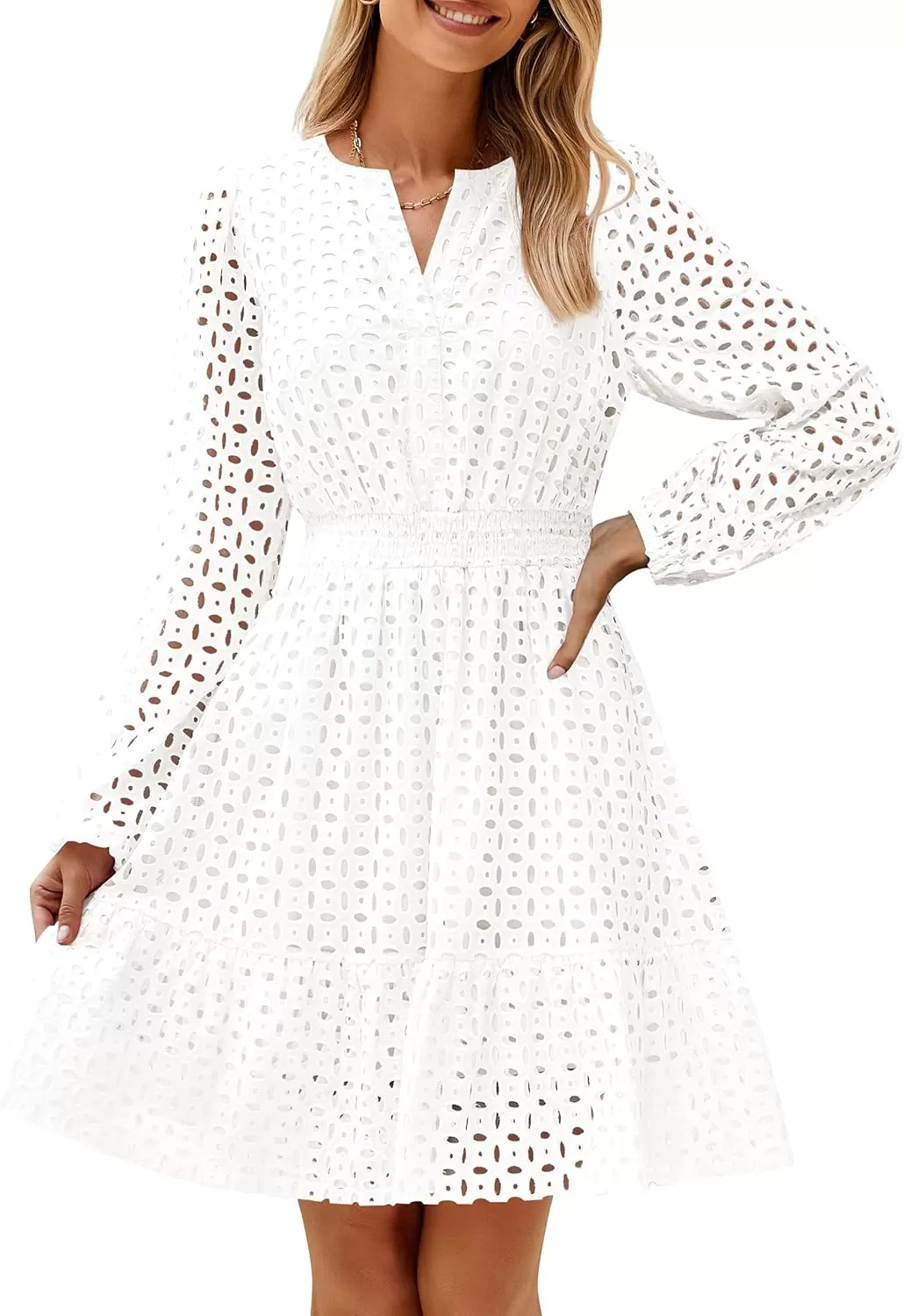 imageZESICA Womens 2024 Long Sleeve Mini Dress Fall V Neck Hollow Out Eyelet Embroidery Ruffle A Line Swing Short DressesWhite