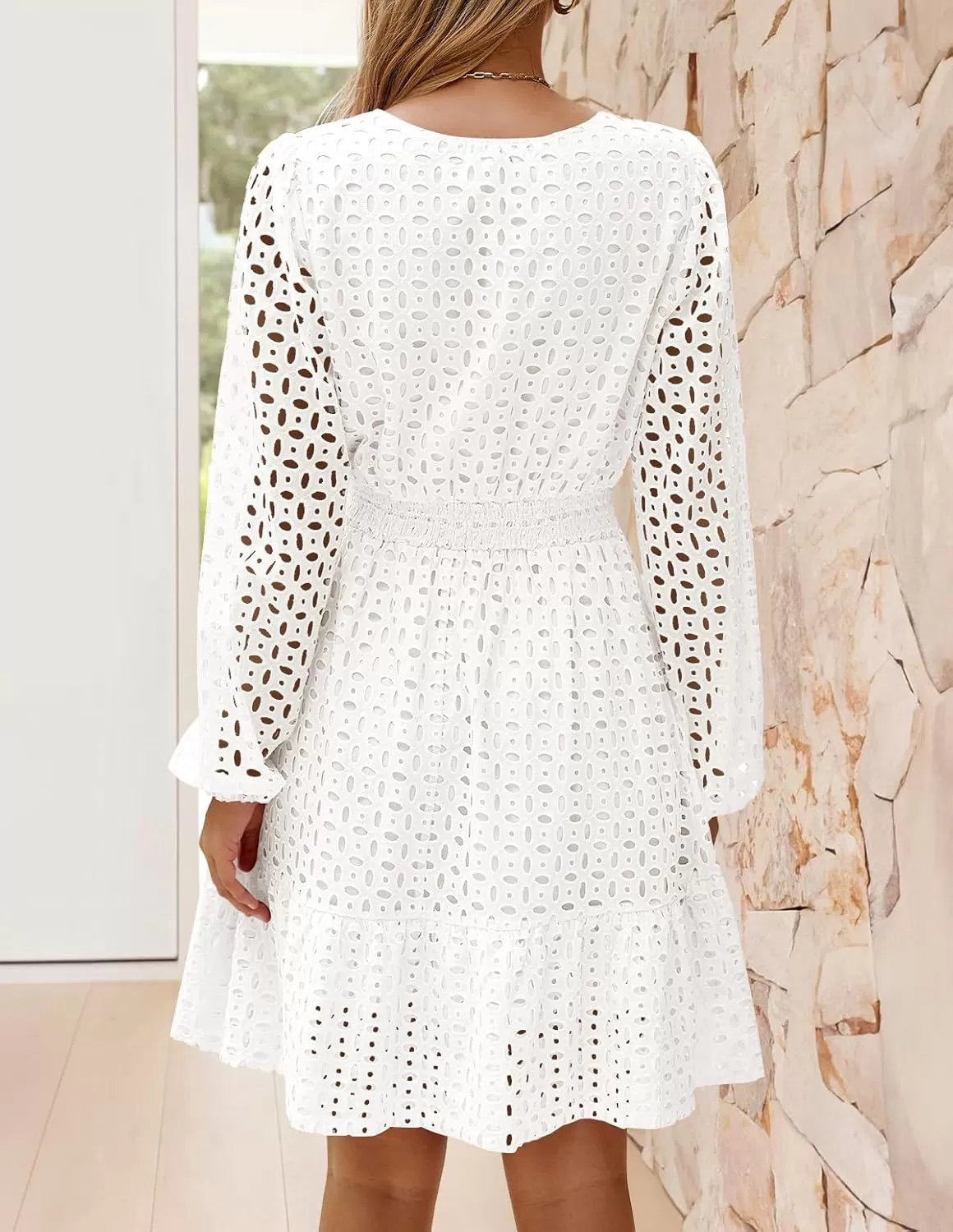 imageZESICA Womens 2024 Long Sleeve Mini Dress Fall V Neck Hollow Out Eyelet Embroidery Ruffle A Line Swing Short DressesWhite