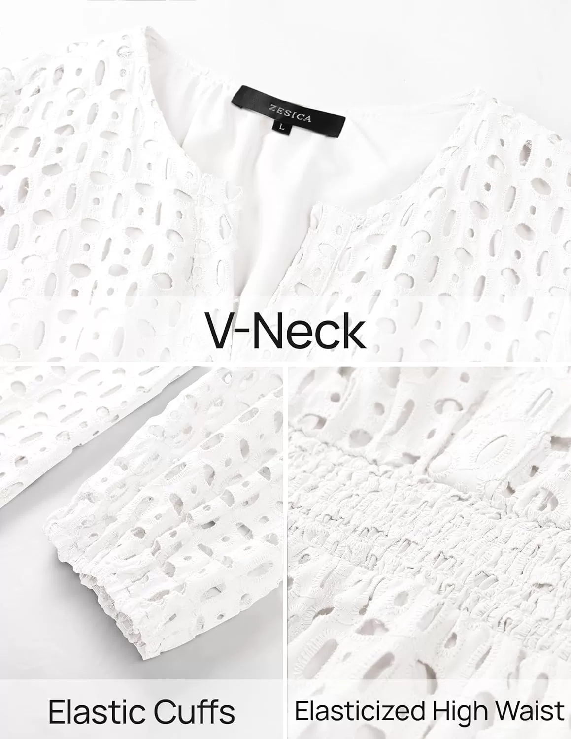 imageZESICA Womens 2024 Long Sleeve Mini Dress Fall V Neck Hollow Out Eyelet Embroidery Ruffle A Line Swing Short DressesWhite