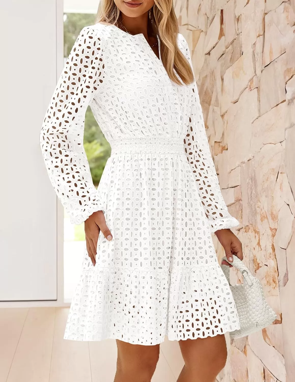 imageZESICA Womens 2024 Long Sleeve Mini Dress Fall V Neck Hollow Out Eyelet Embroidery Ruffle A Line Swing Short DressesWhite
