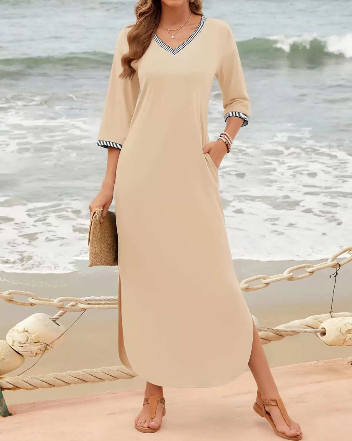 imageZESICA Womens Dresses 2024 Causal 34 Sleeve V Neck Loose Fit Split Beach Long Maxi Dress with PocketsApricot