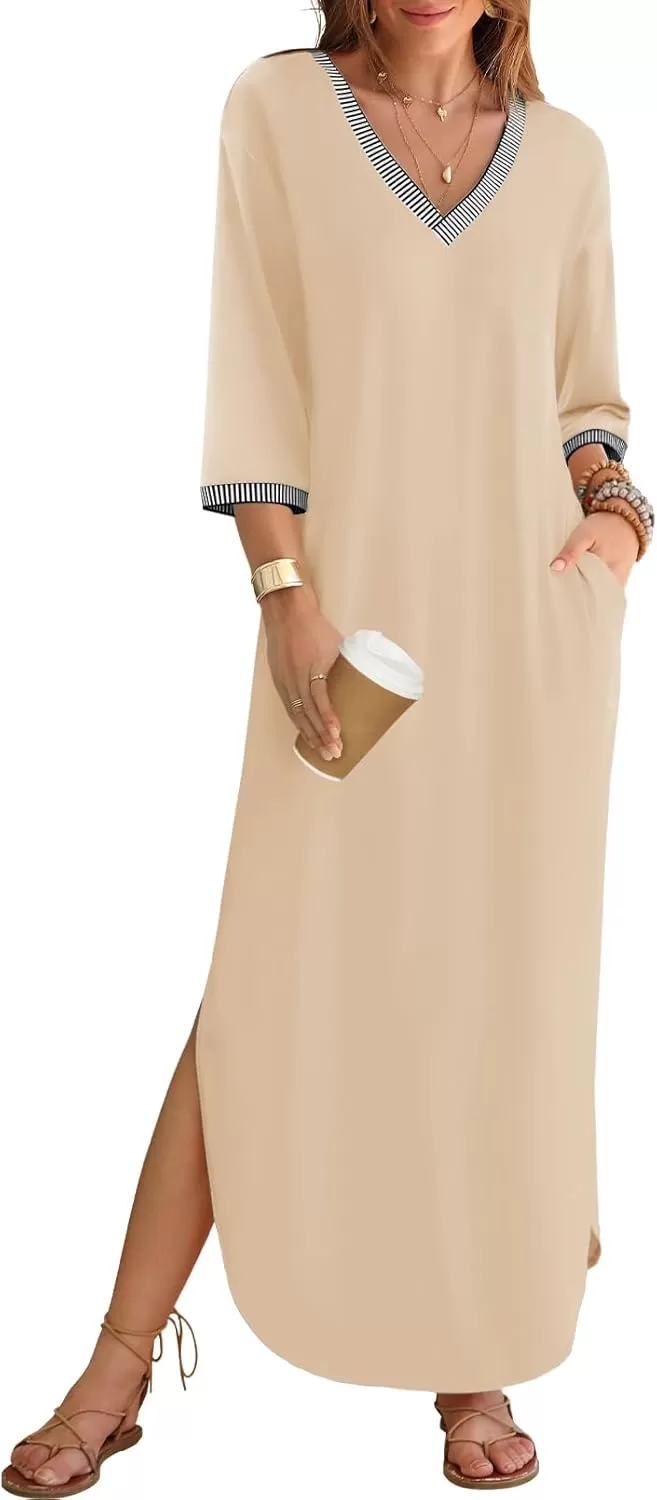 imageZESICA Womens Dresses 2024 Causal 34 Sleeve V Neck Loose Fit Split Beach Long Maxi Dress with PocketsApricot