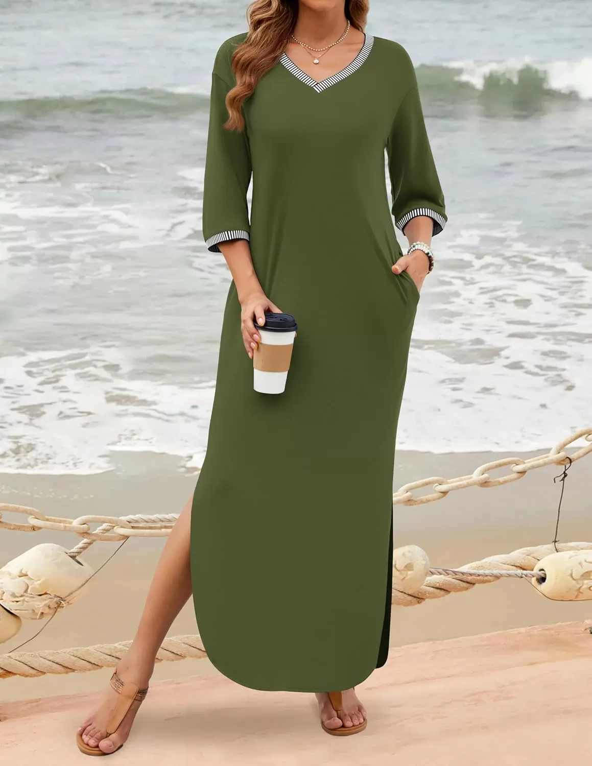 imageZESICA Womens Dresses 2024 Causal 34 Sleeve V Neck Loose Fit Split Beach Long Maxi Dress with PocketsArmygreen