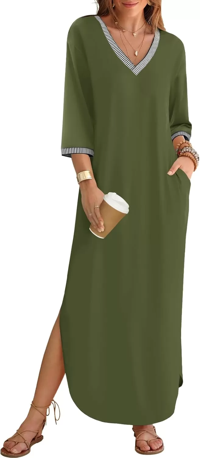 imageZESICA Womens Dresses 2024 Causal 34 Sleeve V Neck Loose Fit Split Beach Long Maxi Dress with PocketsArmygreen