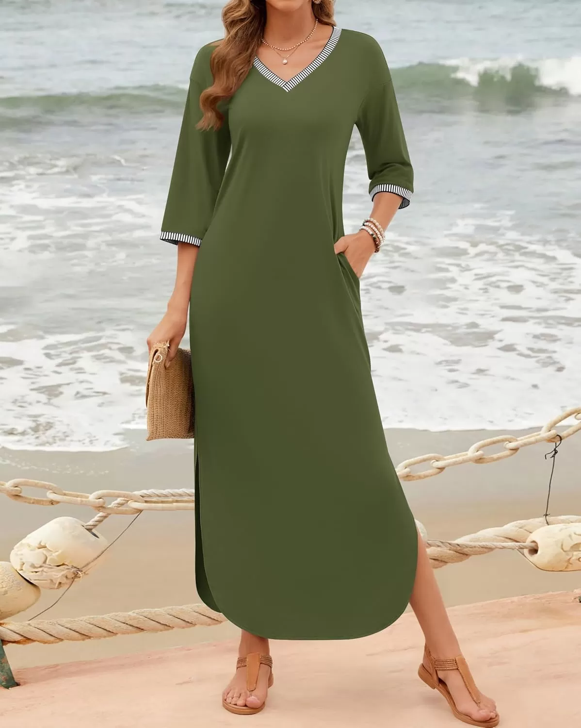 imageZESICA Womens Dresses 2024 Causal 34 Sleeve V Neck Loose Fit Split Beach Long Maxi Dress with PocketsArmygreen