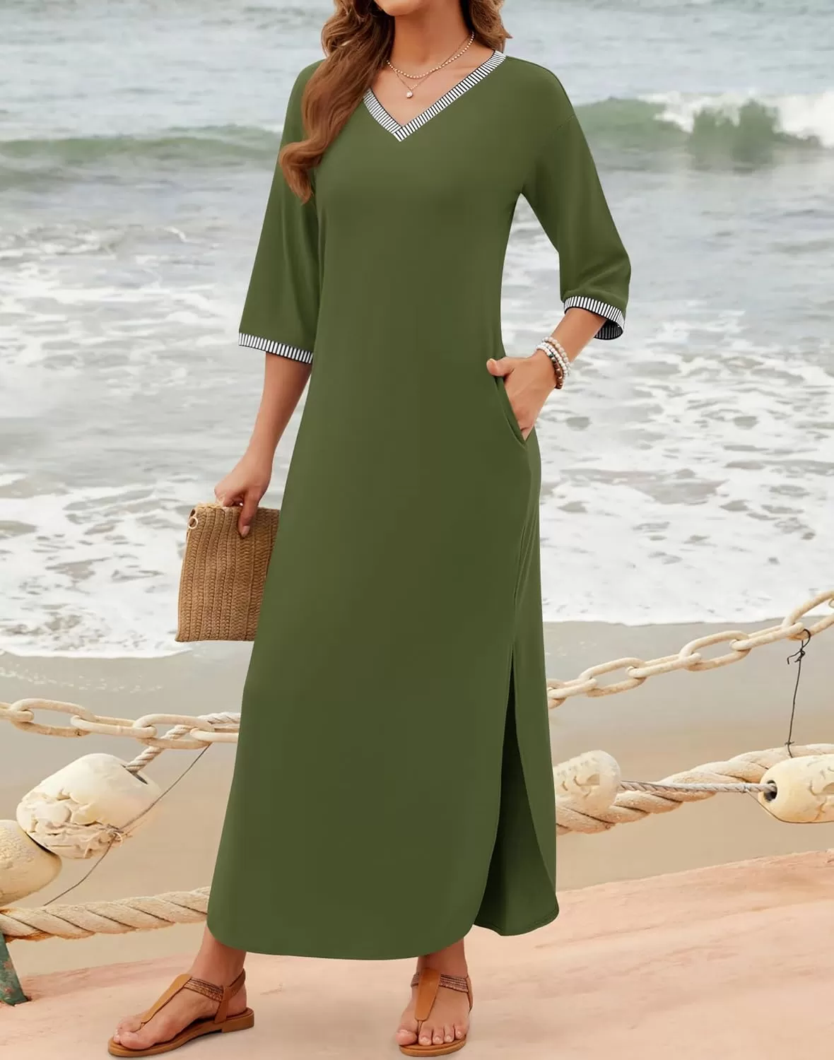 imageZESICA Womens Dresses 2024 Causal 34 Sleeve V Neck Loose Fit Split Beach Long Maxi Dress with PocketsArmygreen