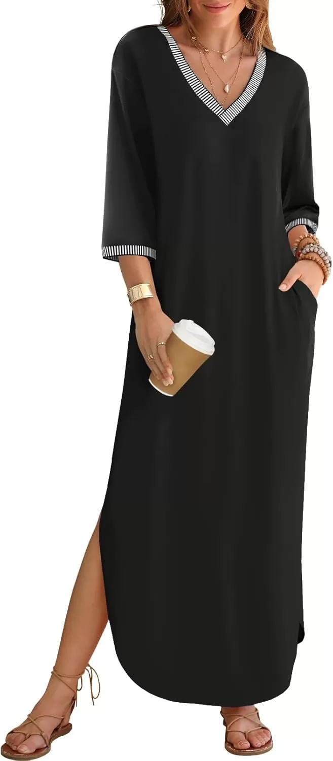 imageZESICA Womens Dresses 2024 Causal 34 Sleeve V Neck Loose Fit Split Beach Long Maxi Dress with PocketsBlack