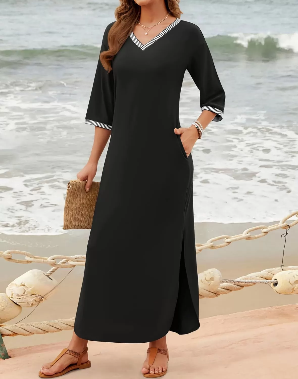 imageZESICA Womens Dresses 2024 Causal 34 Sleeve V Neck Loose Fit Split Beach Long Maxi Dress with PocketsBlack