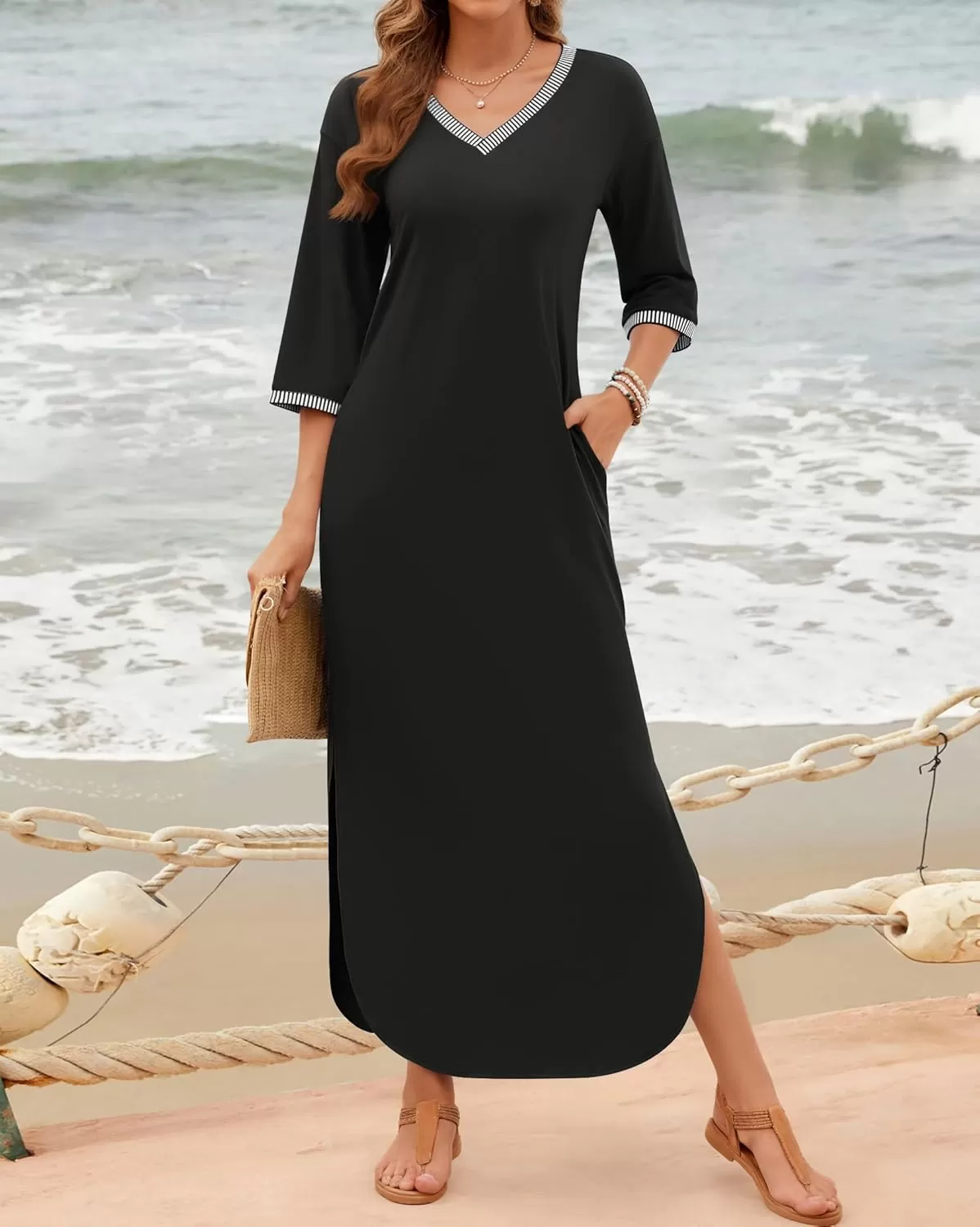 imageZESICA Womens Dresses 2024 Causal 34 Sleeve V Neck Loose Fit Split Beach Long Maxi Dress with PocketsBlack