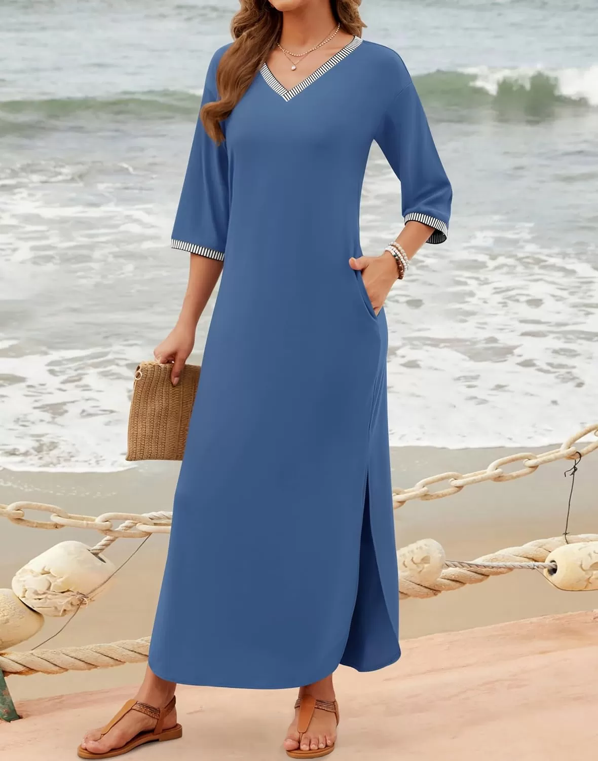 imageZESICA Womens Dresses 2024 Causal 34 Sleeve V Neck Loose Fit Split Beach Long Maxi Dress with PocketsDustyblue