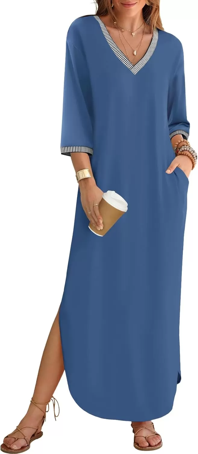 imageZESICA Womens Dresses 2024 Causal 34 Sleeve V Neck Loose Fit Split Beach Long Maxi Dress with PocketsDustyblue