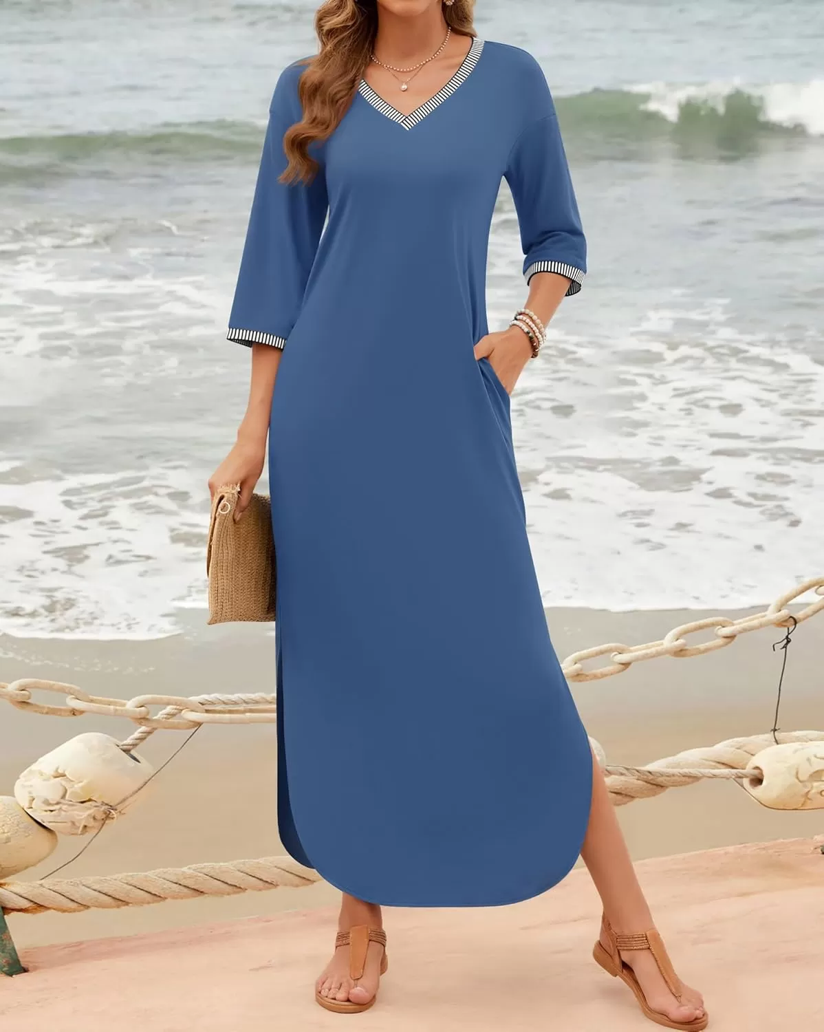 imageZESICA Womens Dresses 2024 Causal 34 Sleeve V Neck Loose Fit Split Beach Long Maxi Dress with PocketsDustyblue