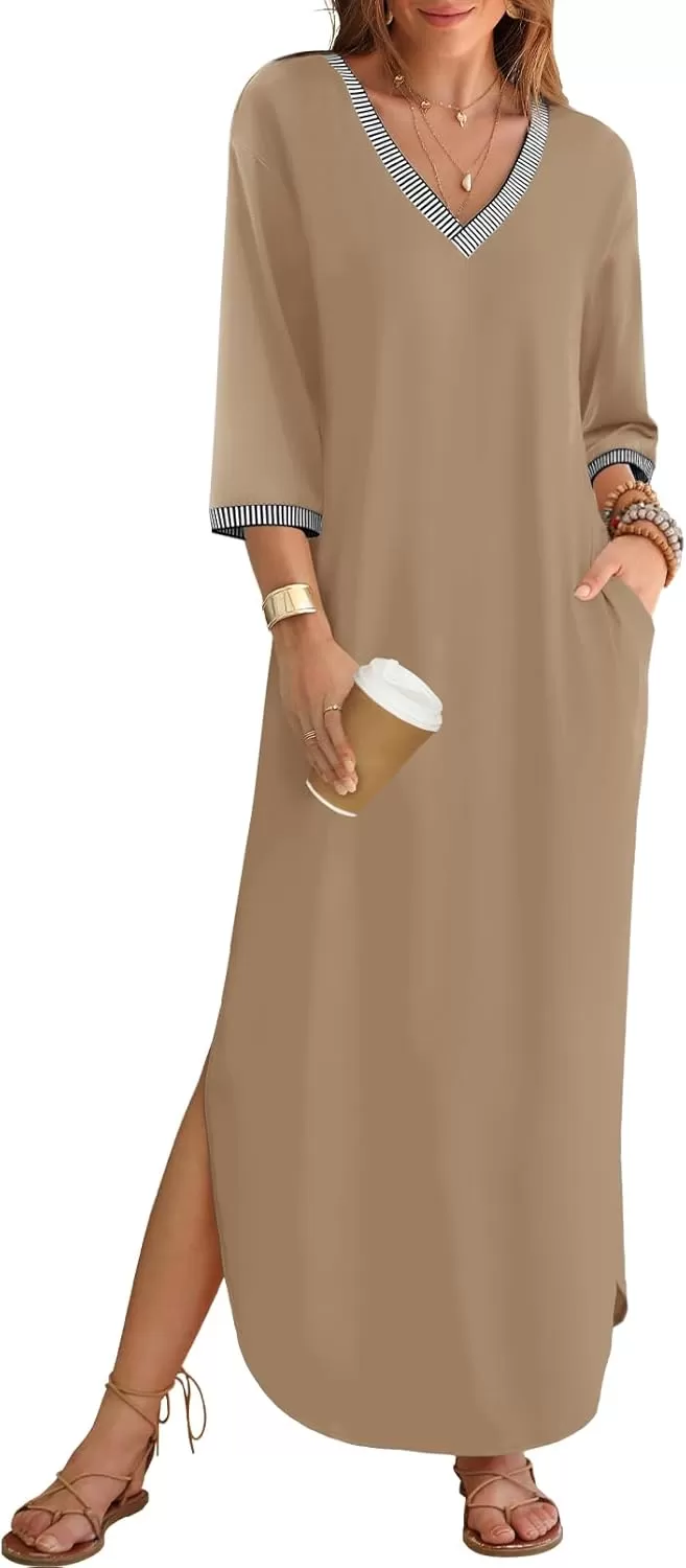 imageZESICA Womens Dresses 2024 Causal 34 Sleeve V Neck Loose Fit Split Beach Long Maxi Dress with PocketsKhaki