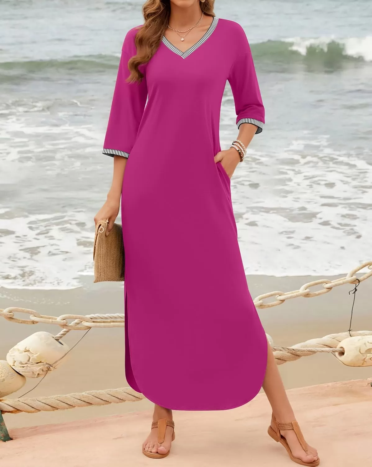 imageZESICA Womens Dresses 2024 Causal 34 Sleeve V Neck Loose Fit Split Beach Long Maxi Dress with PocketsMagenta