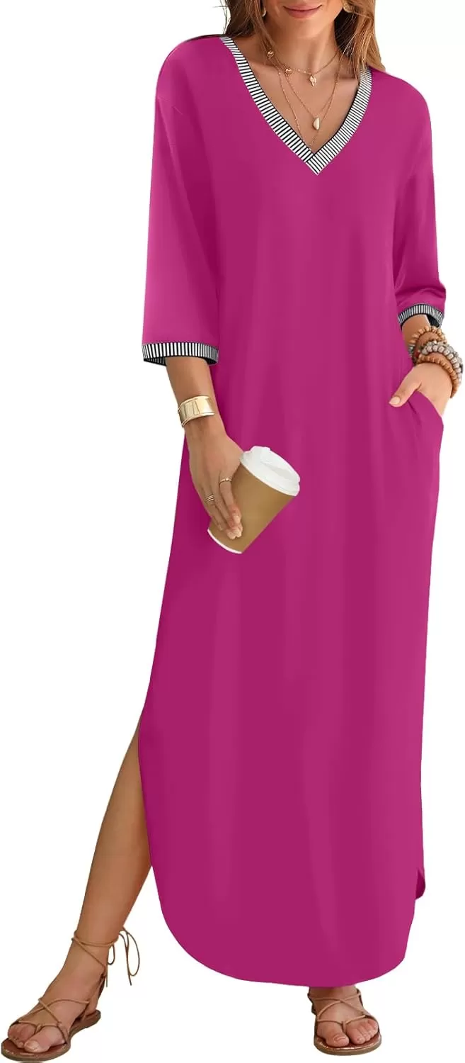 imageZESICA Womens Dresses 2024 Causal 34 Sleeve V Neck Loose Fit Split Beach Long Maxi Dress with PocketsMagenta